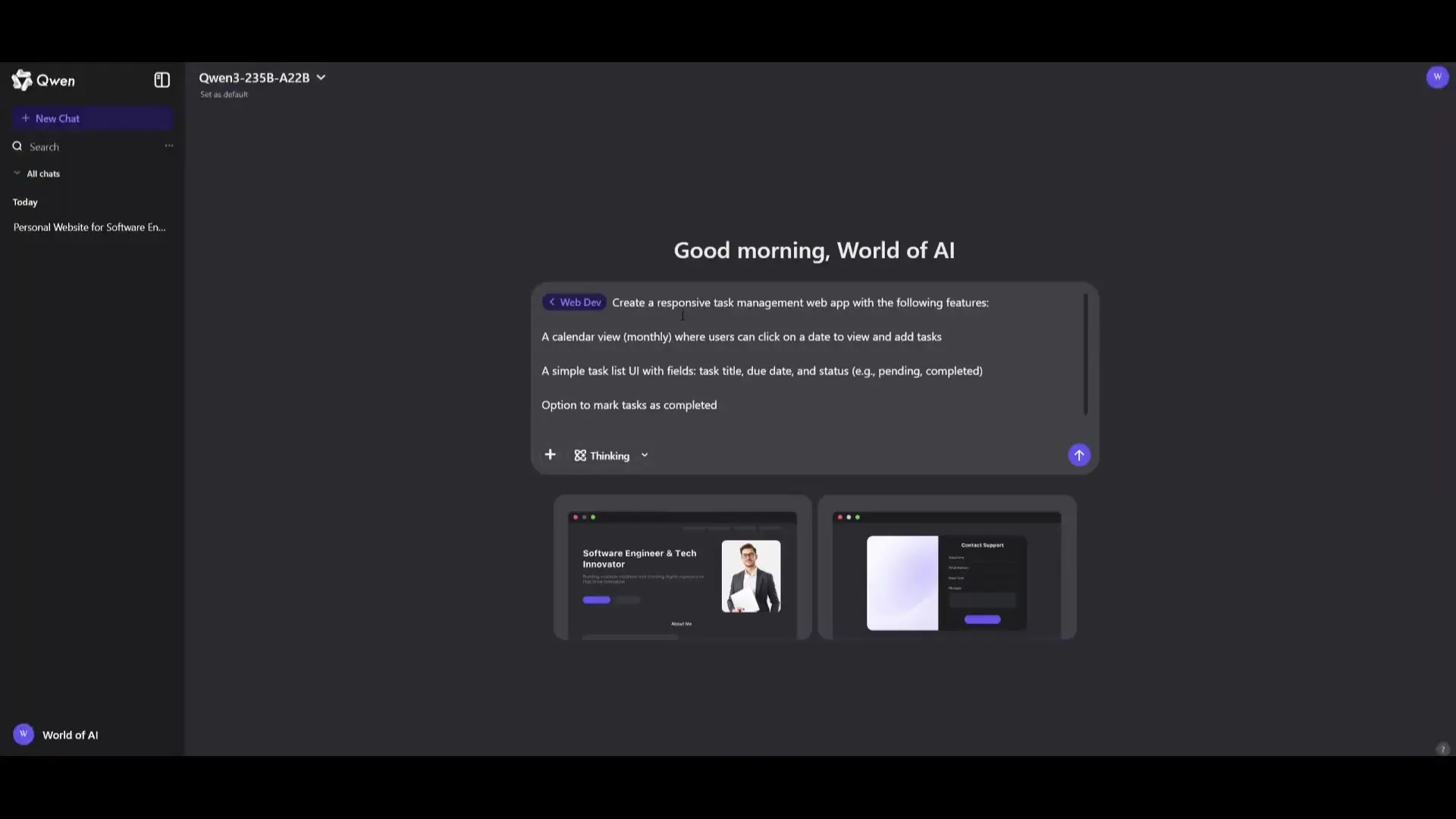 Qwen Coder interface showing a prompt for building a responsive task management application with calendar view and task list features