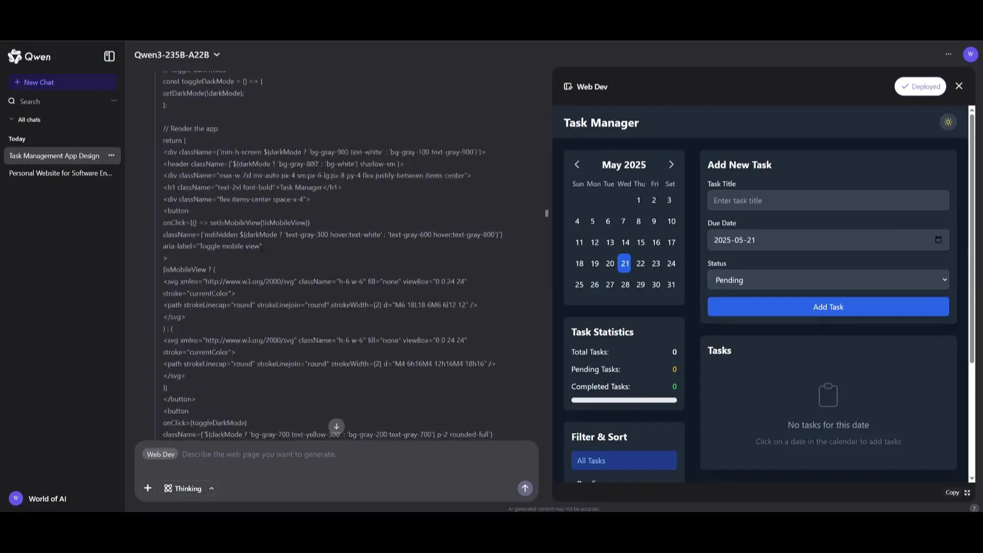 The Qwen Coder interface showing the complete Task Manager application with code on the left and a functional UI preview on the right