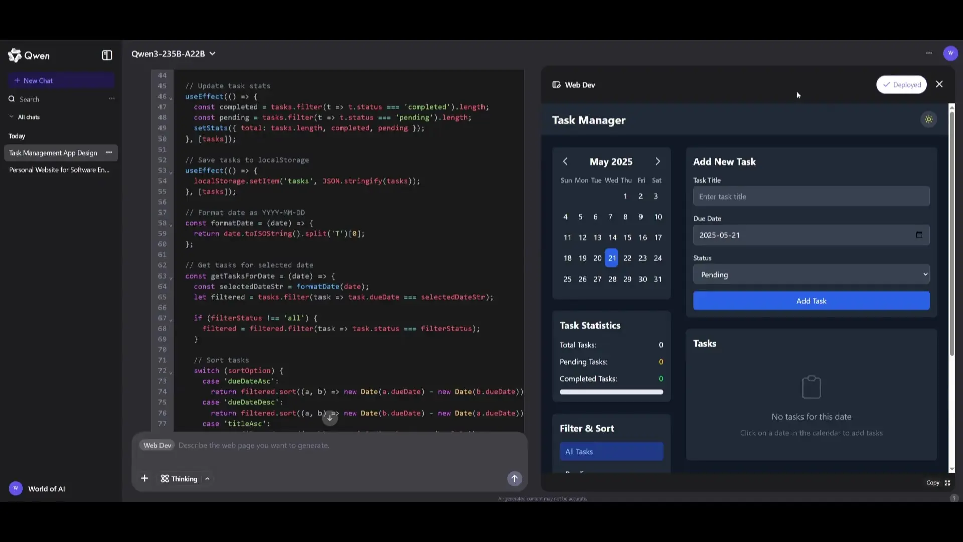 The task management application built with React, showcasing the calendar UI and task filtering functionality
