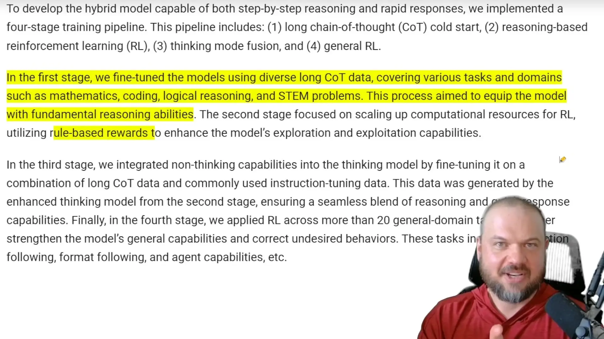Technical slide revealing Qwen3's sophisticated four-stage training pipeline, highlighting its chain-of-thought reasoning capabilities and the progression from base models to specialized variants.