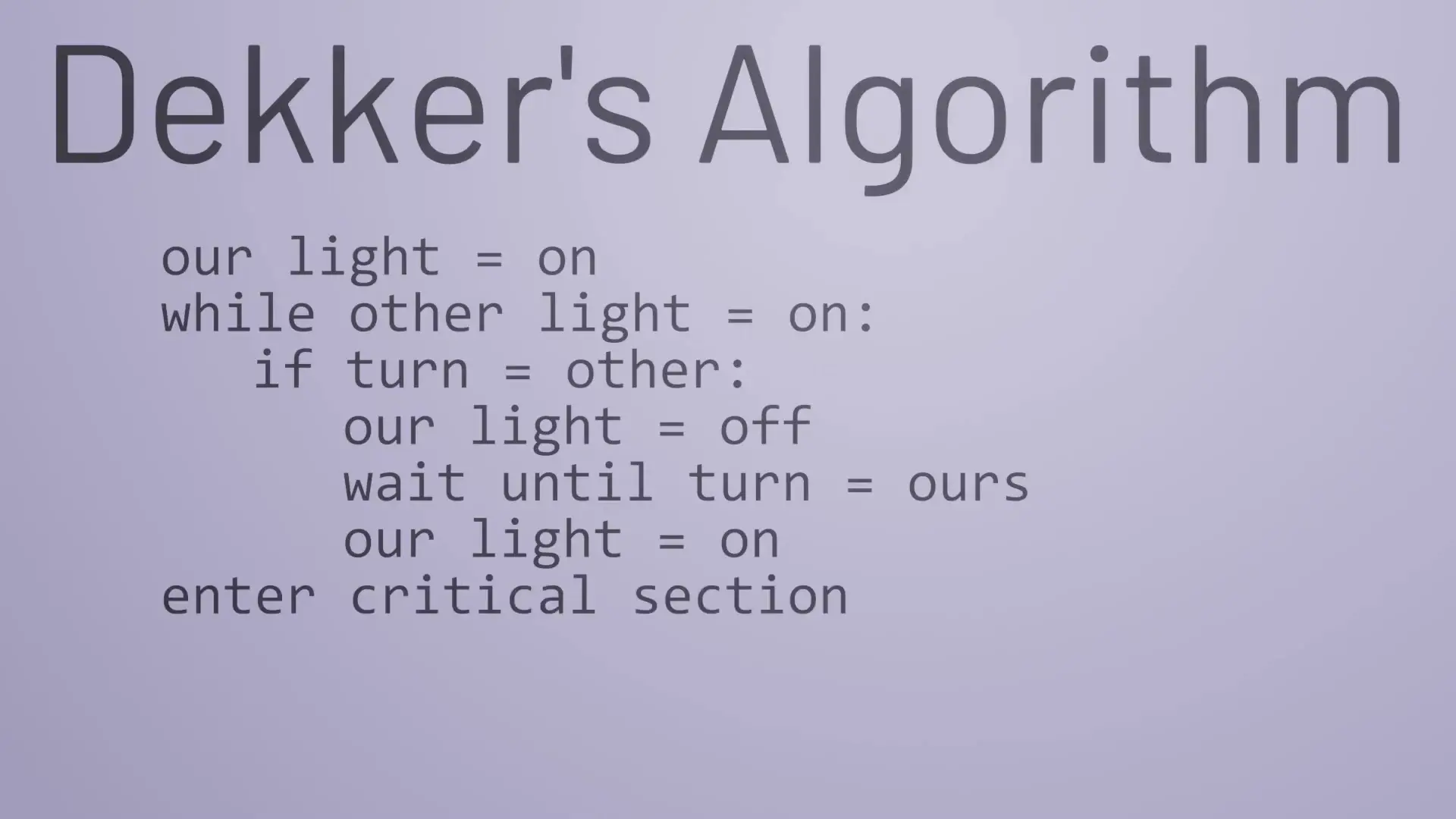 Pseudocode implementation of Dekker's algorithm showing the logic flow for preventing race conditions through coordinated access to critical sections
