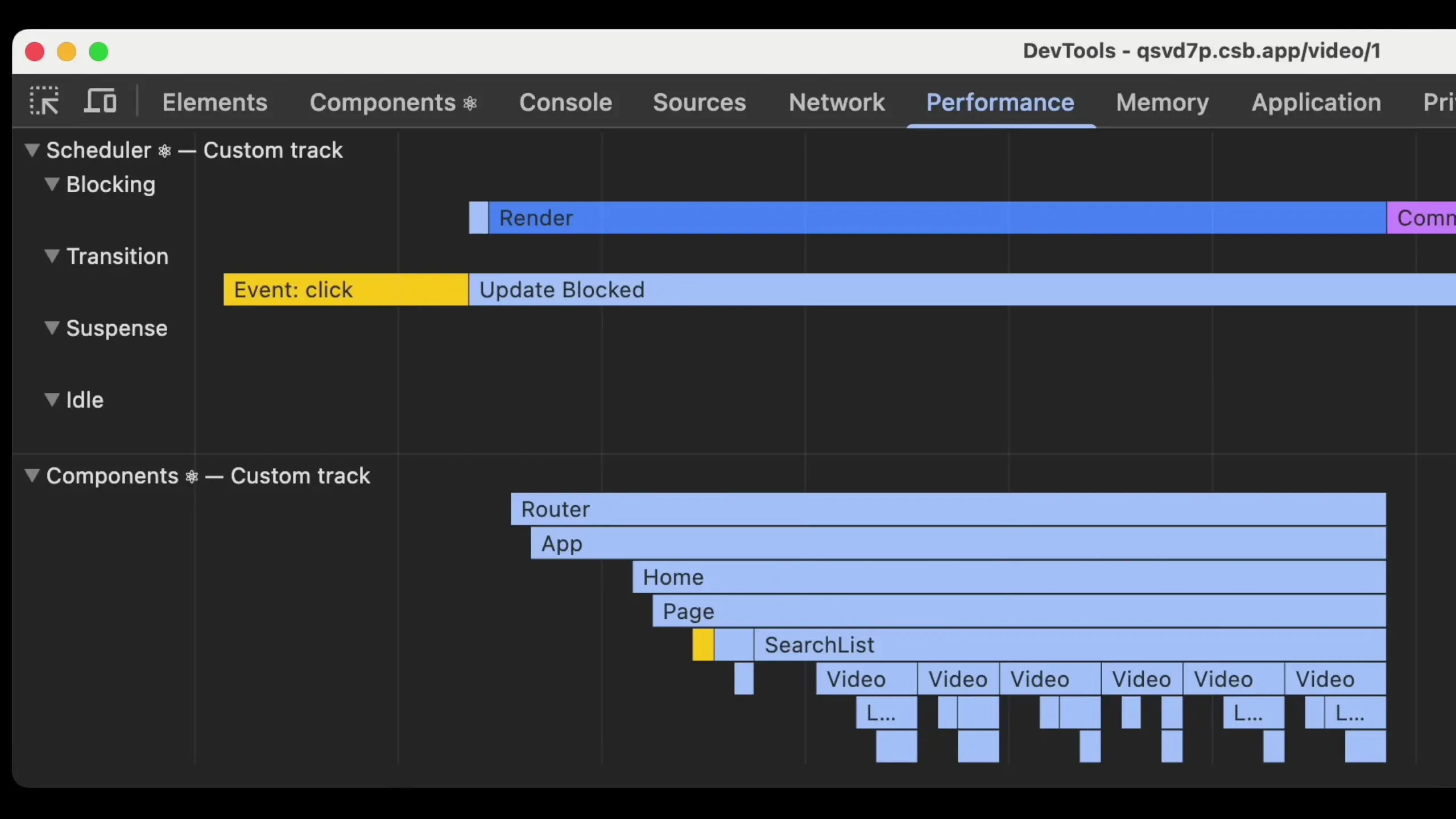 Performance tracks showing component rendering and effect execution