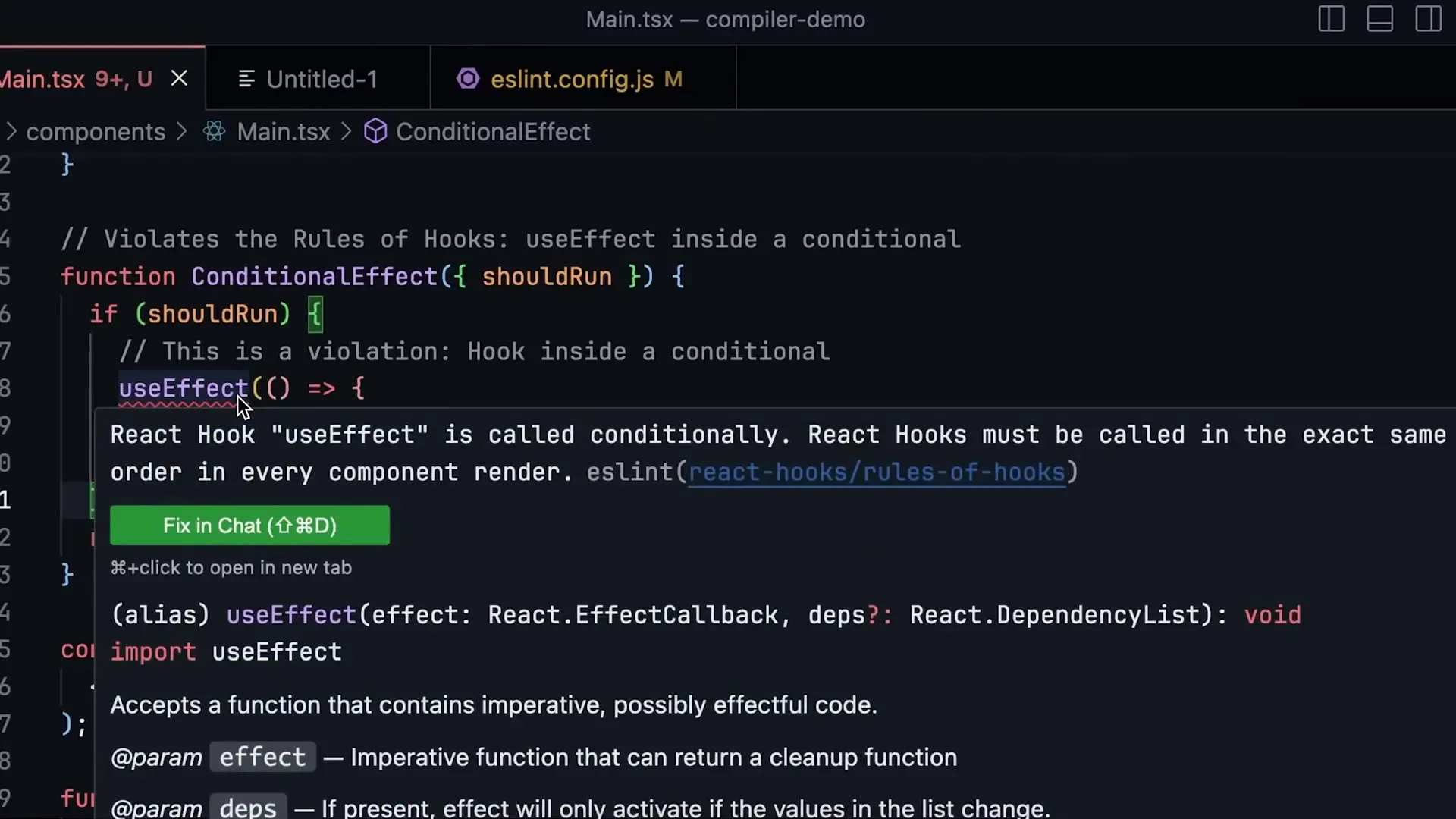 Example of a Rules of Hooks violation that would prevent the React Compiler from optimizing that specific component