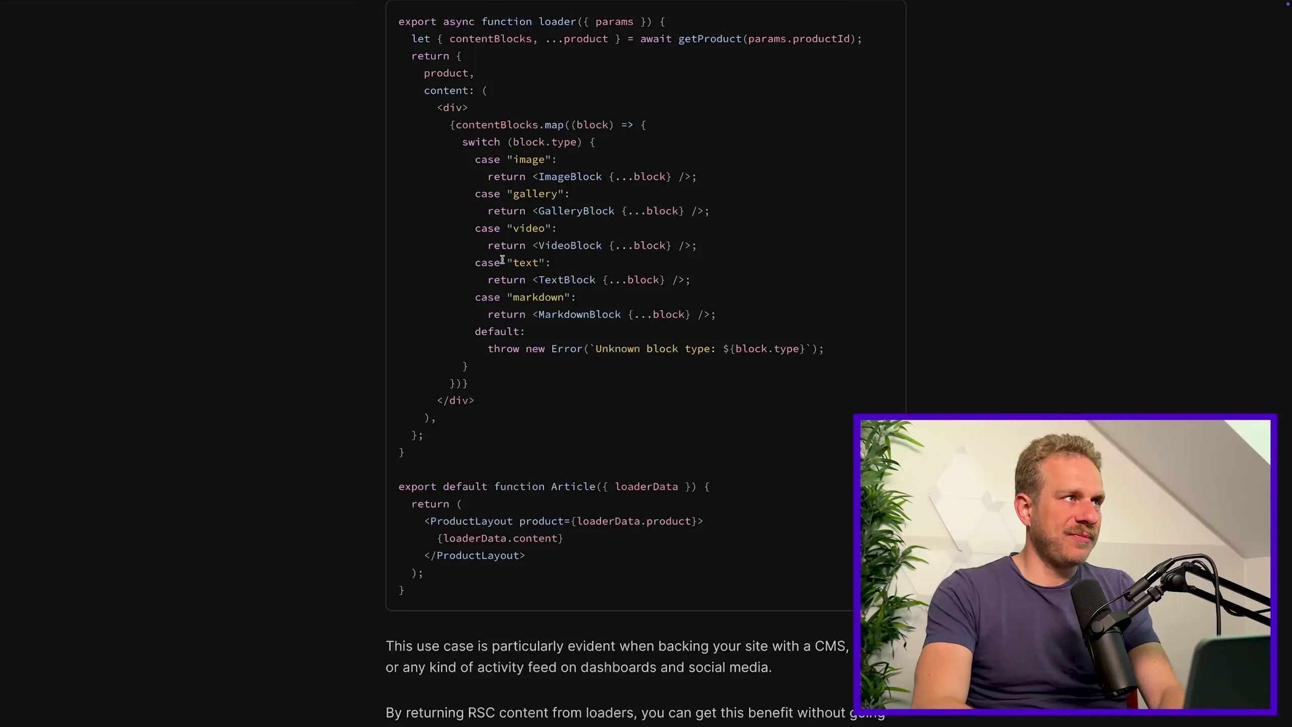 Code example showing React Server Components implementation with content block handling, demonstrating how server-rendered components can be integrated with client components