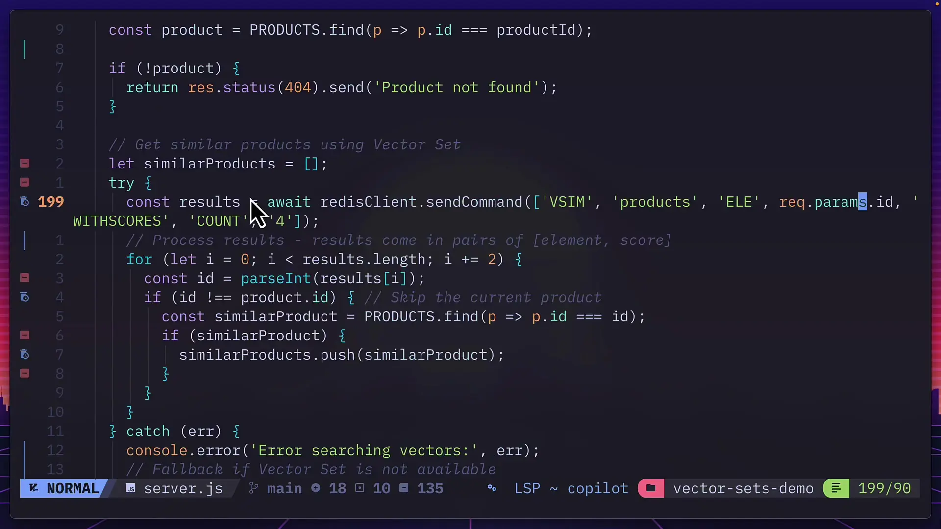 Code showing how Redis VSIM command is used to perform vector similarity search
