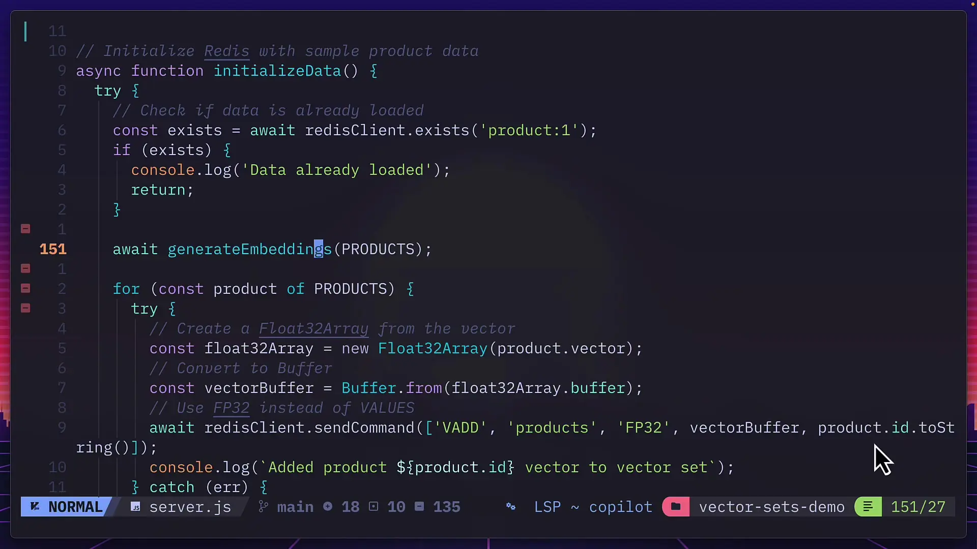 Code showing how product data is initialized with vector embeddings in Redis