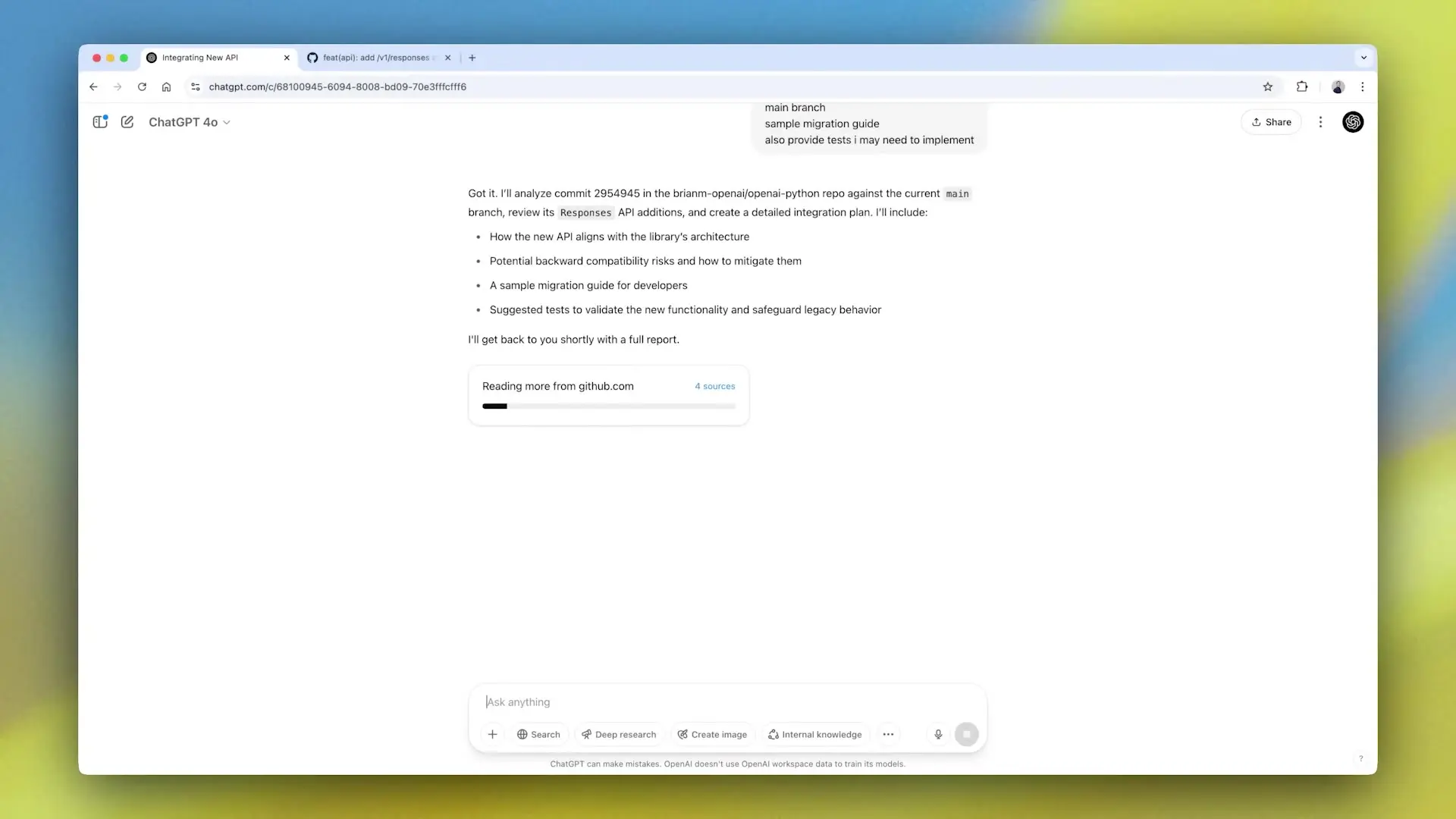 DeepResearch interface analyzing OpenAI's Python repository, showing comprehensive API integration assessment with compatibility analysis and implementation recommendations