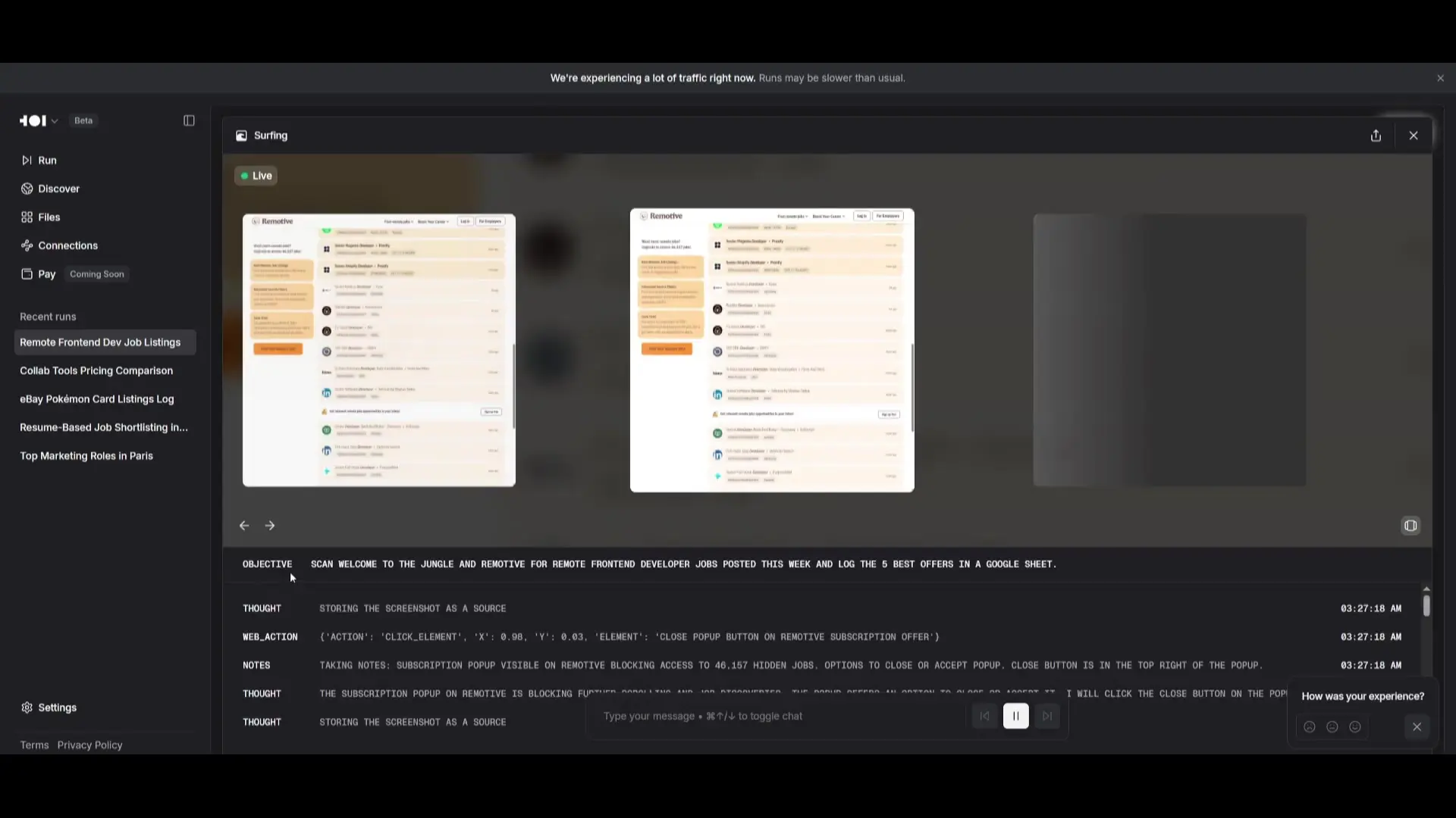 Runner H provides detailed logs of its actions, showing the current objective and progress in real-time