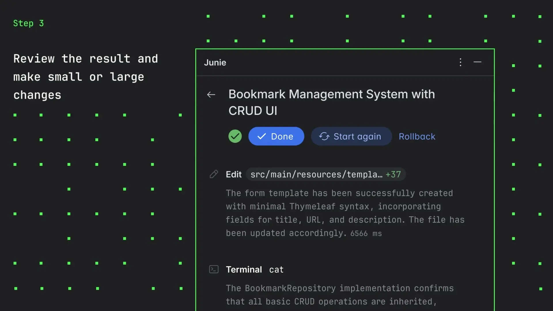 Juni's intelligent code review and modification capabilities in action within IntelliJ IDEA