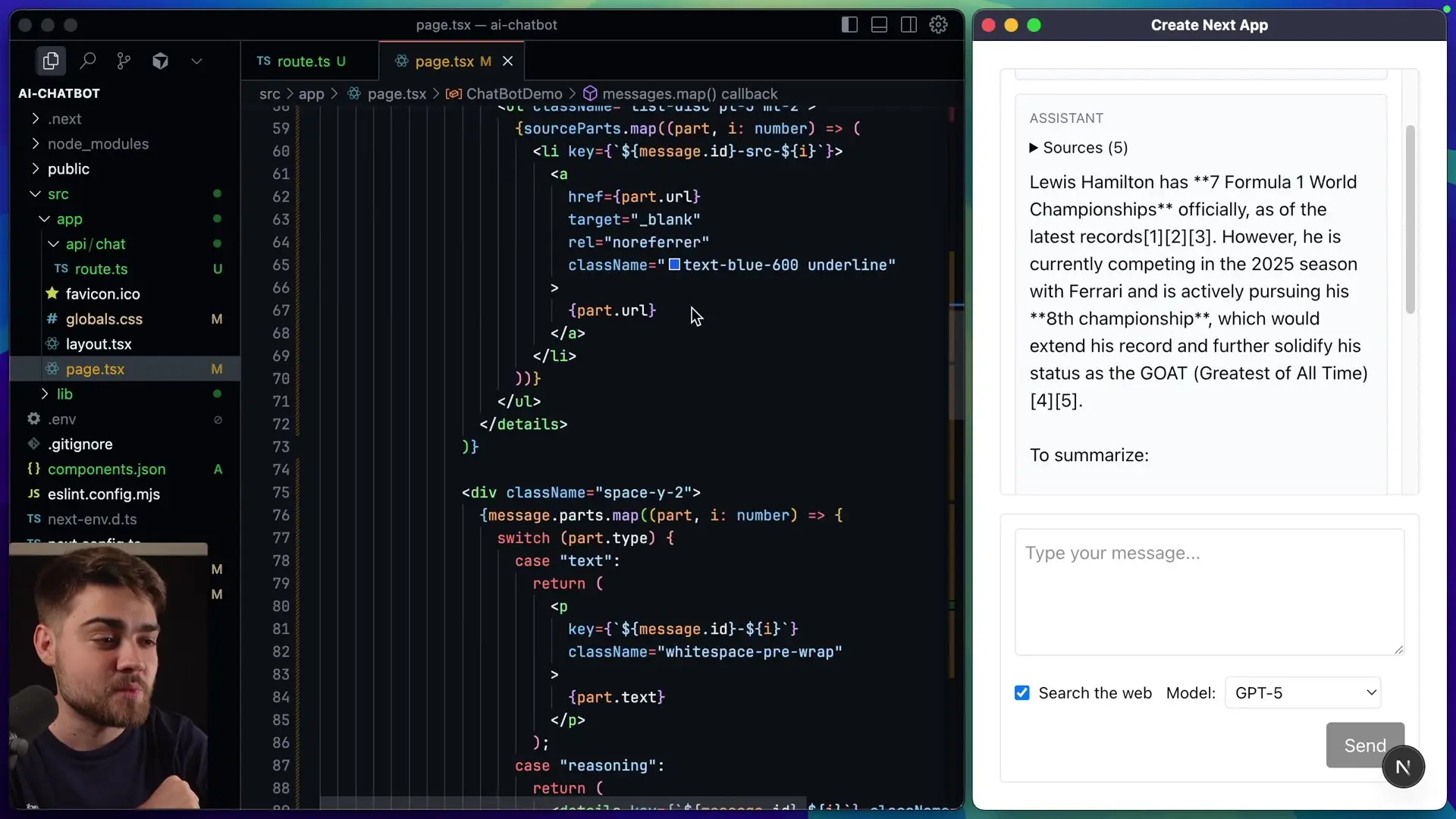 Dropdown components for displaying sources and additional information in AI chat interfaces