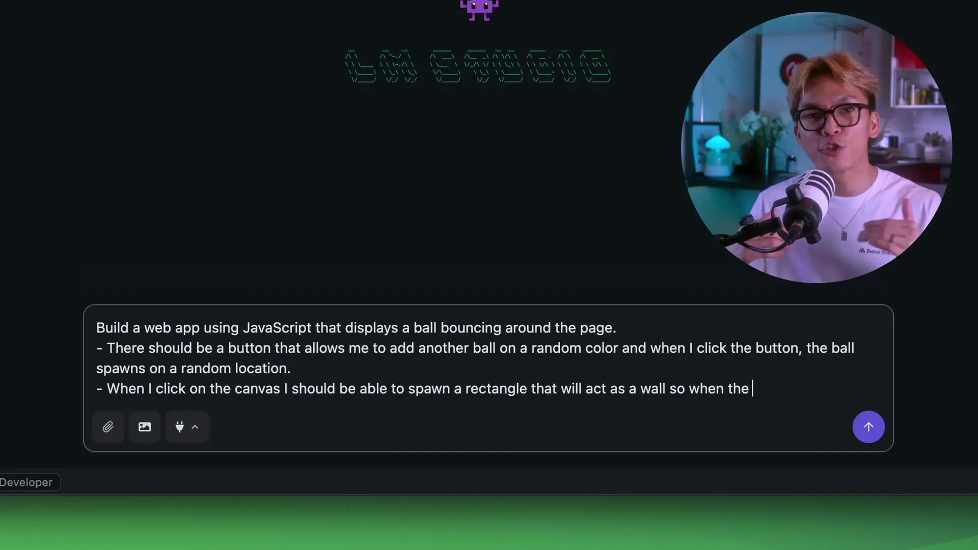 The JavaScript canvas application requires implementing interactive elements with physics-based behavior