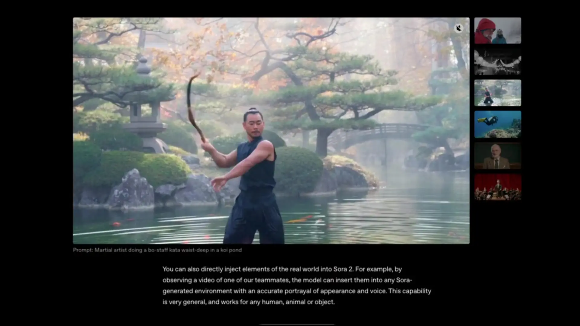 Sora 2 generates photorealistic scenes with remarkable detail, like this martial artist performing in a Japanese garden, showcasing the AI's understanding of human movement, physics, and environmental elements.