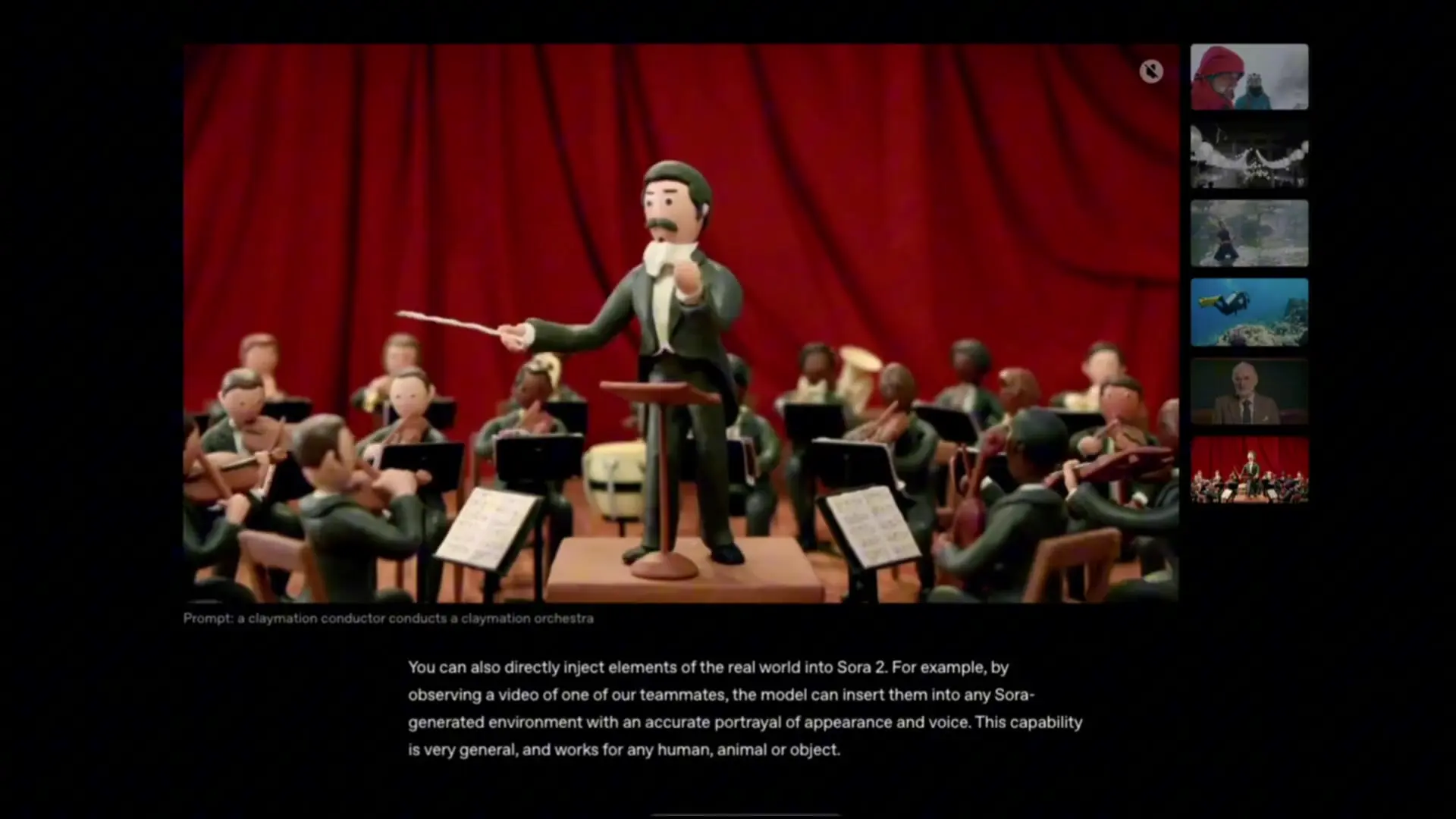 Sora 2's ability to create stylized content is demonstrated in this claymation conductor scene, showing how the AI can work across different visual styles while maintaining realistic movement and emotional expression.