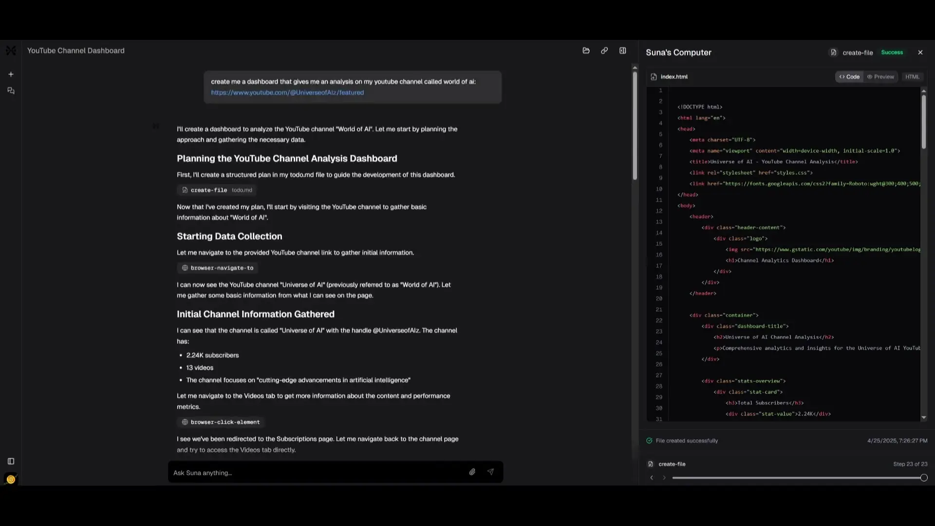 Suna AI can generate comprehensive dashboards with data visualizations and exportable results
