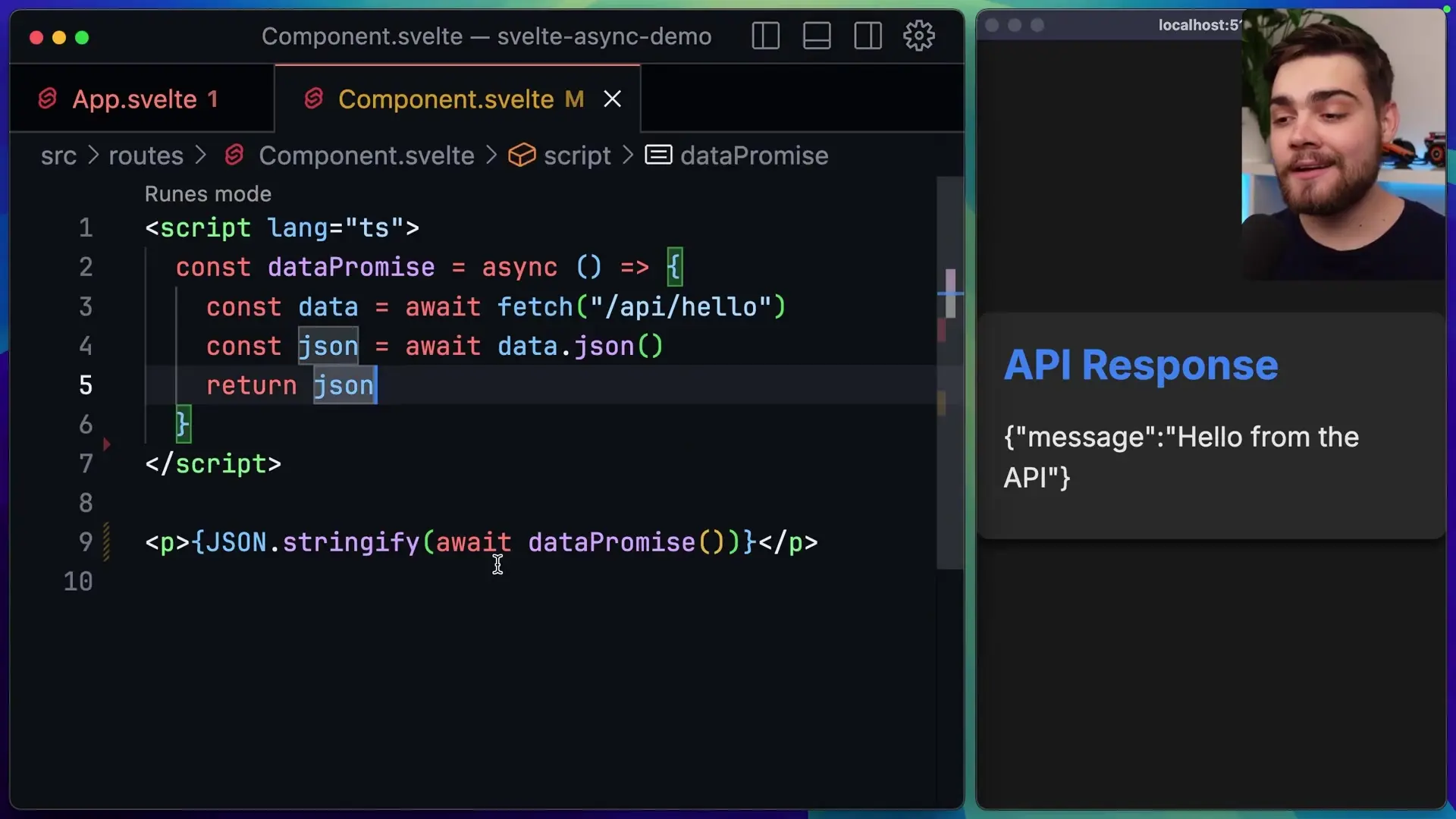 Svelte's new async feature demonstration showing direct await usage for API data fetching with simplified component code