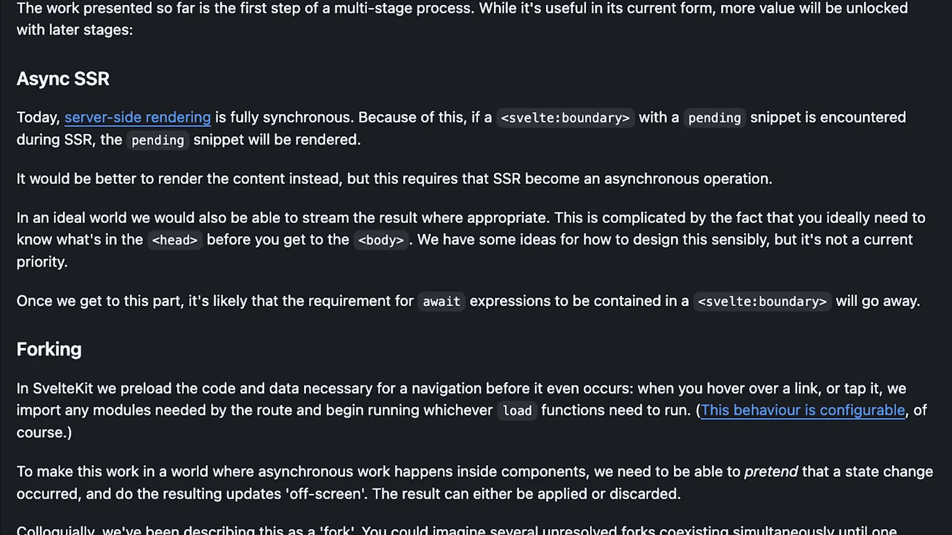 Advanced implementation details of Svelte's async branch showing how server-side rendering transforms from synchronous to asynchronous operations
