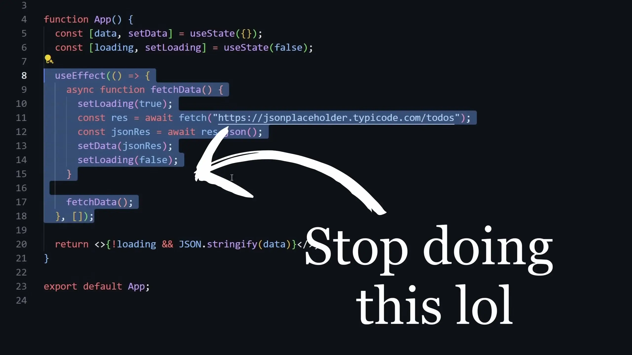 Traditional React data fetching creates significant overhead with multiple useState and useEffect hooks