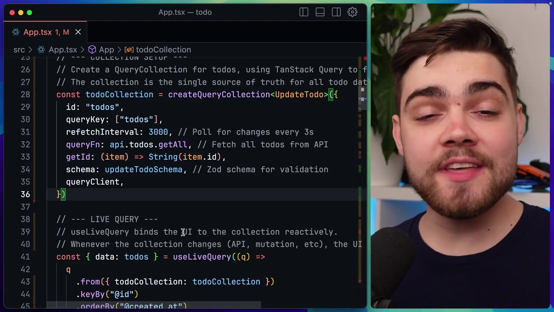 Tanstack DB implementation with QueryCollection for todos showing reactive live queries in a JavaScript application