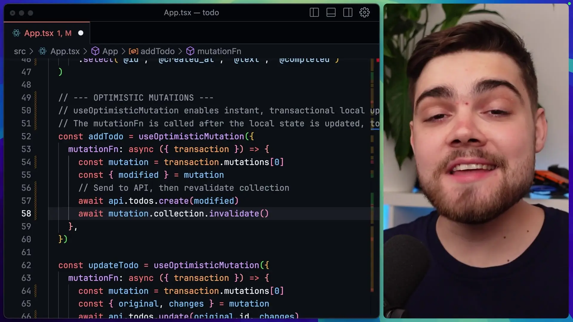 Tanstack DB's optimistic mutations implementation showing how transactional local updates synchronize with the API
