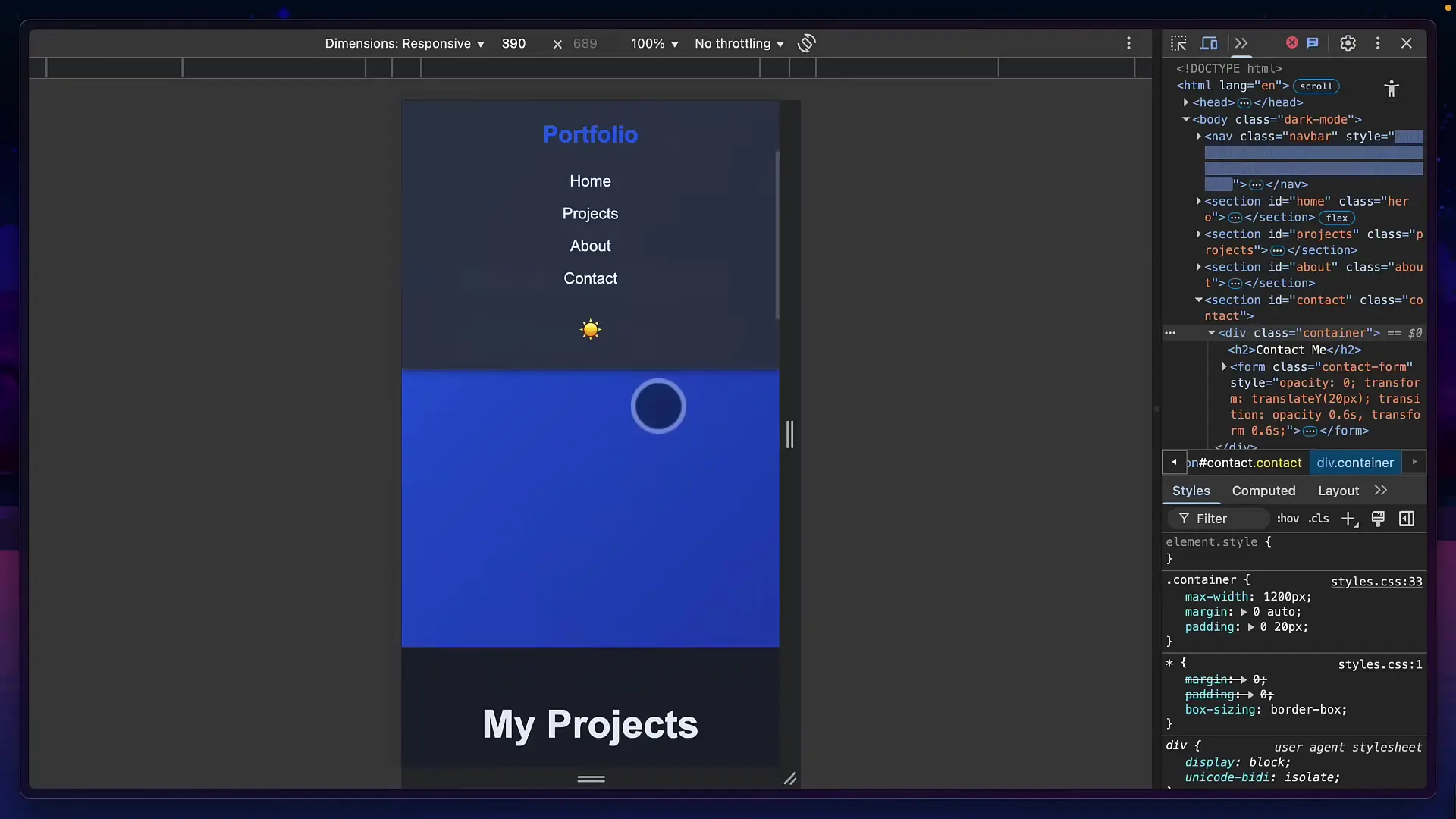 Portfolio website created by GLM 4.5 showing responsive design with contact form section