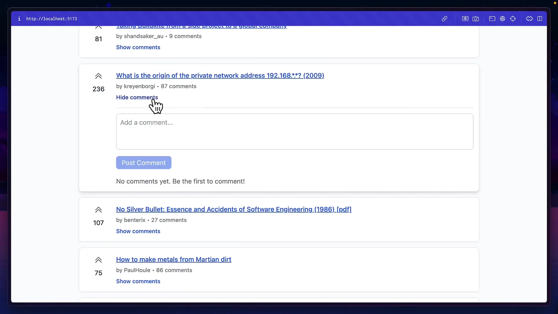Search functionality in the Hacker News clone showing instant results