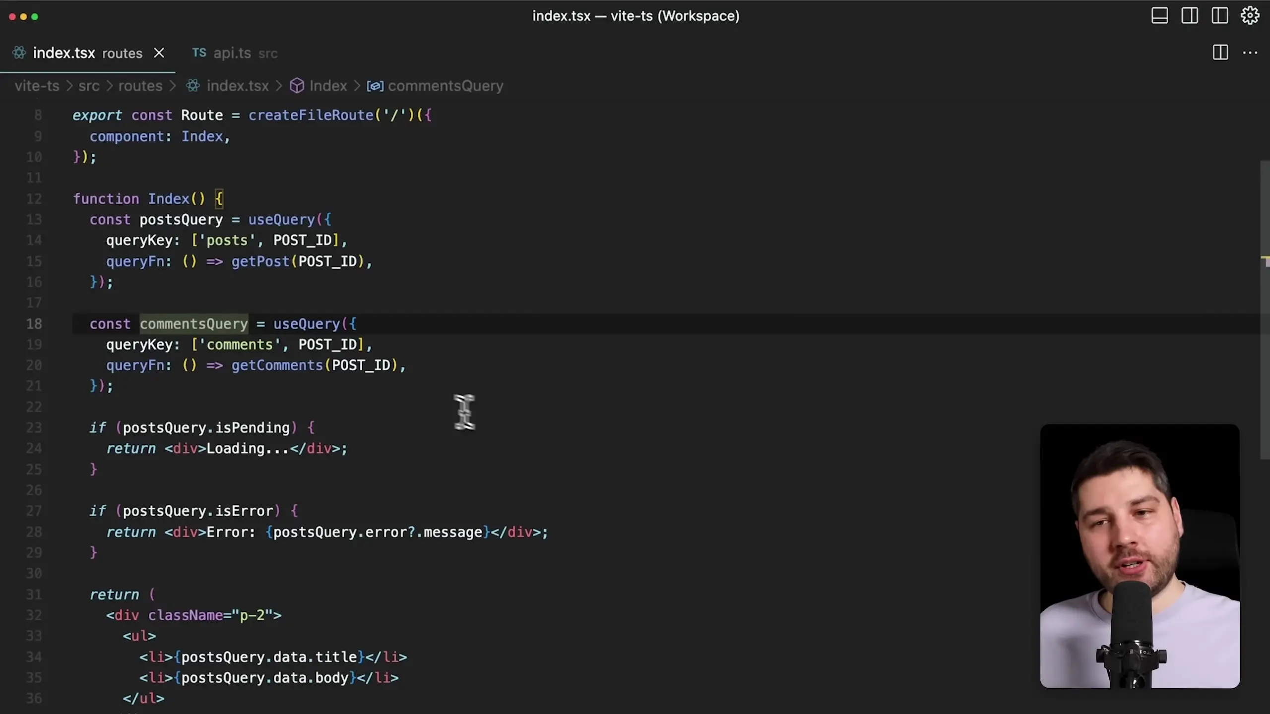 React implementation with useQuery hooks showing loading and error state handling within components