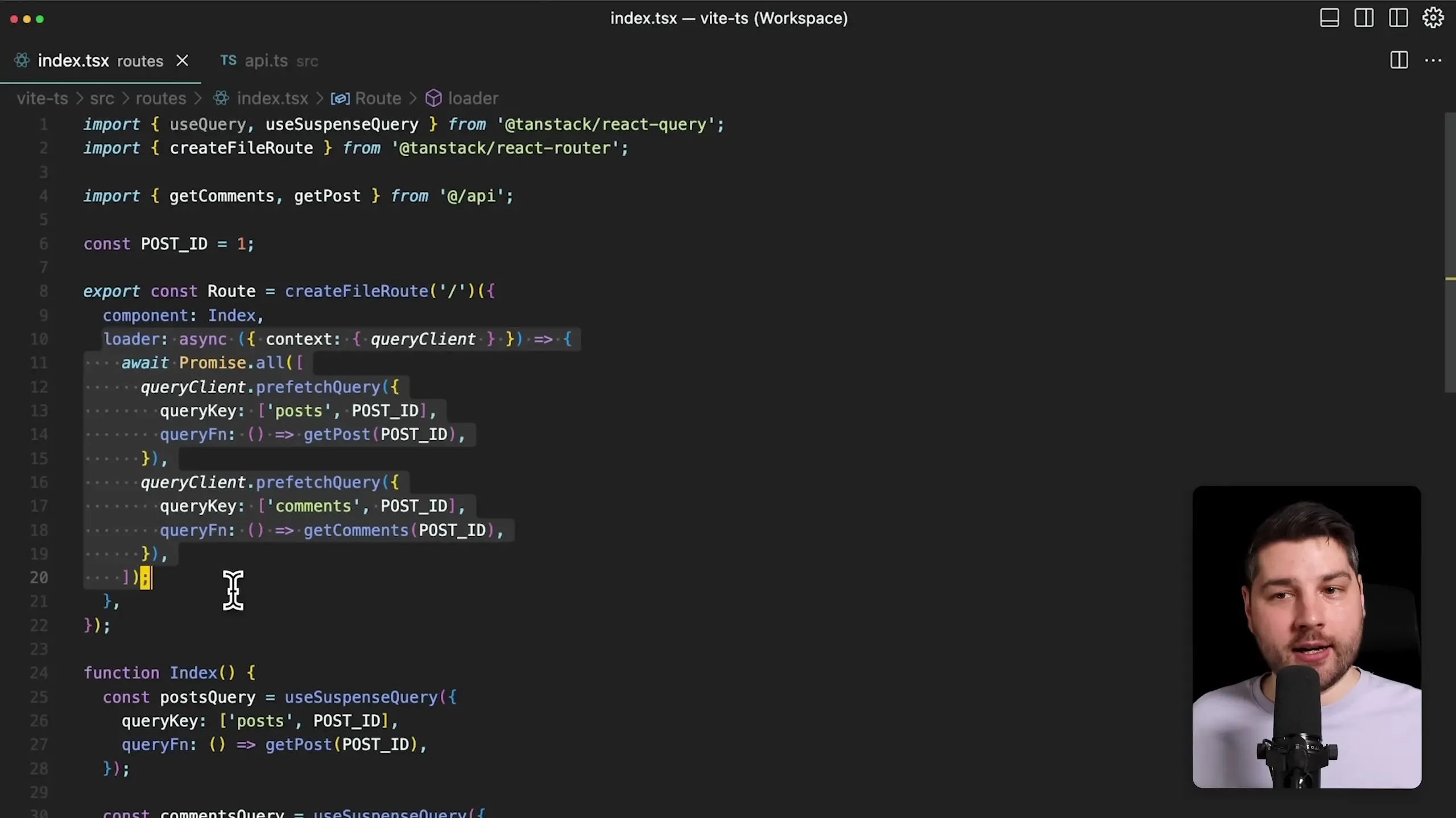 Advanced implementation using Tanstack Query with route-level data prefetching for optimized loading performance