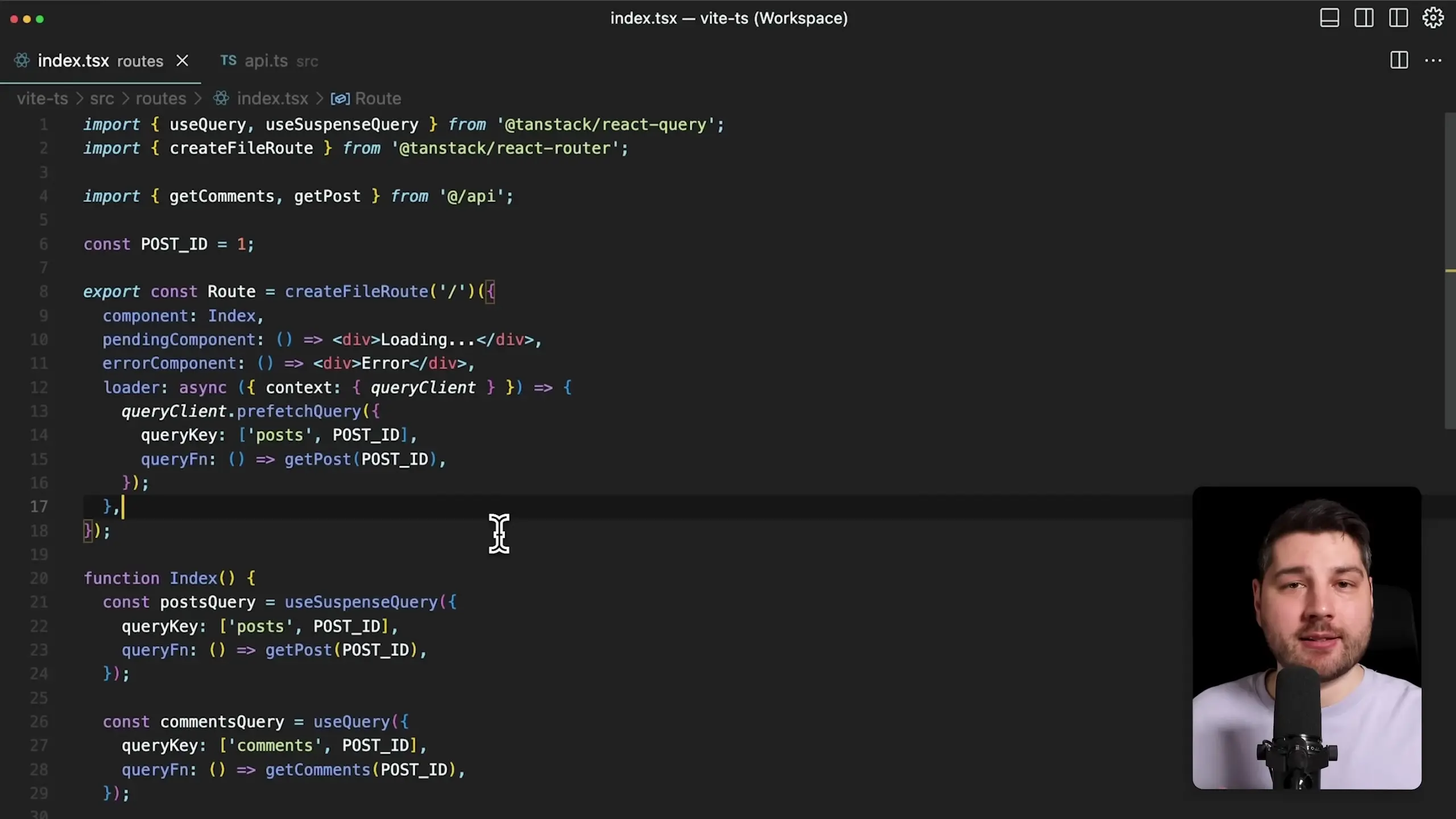 React implementation with comprehensive error handling and loading states using route-based data fetching