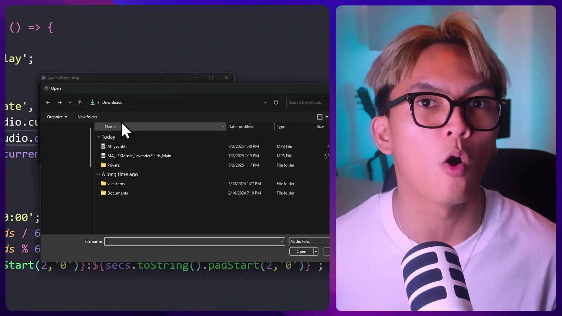 The finished audio player app allows users to open and play audio files with a simple interface