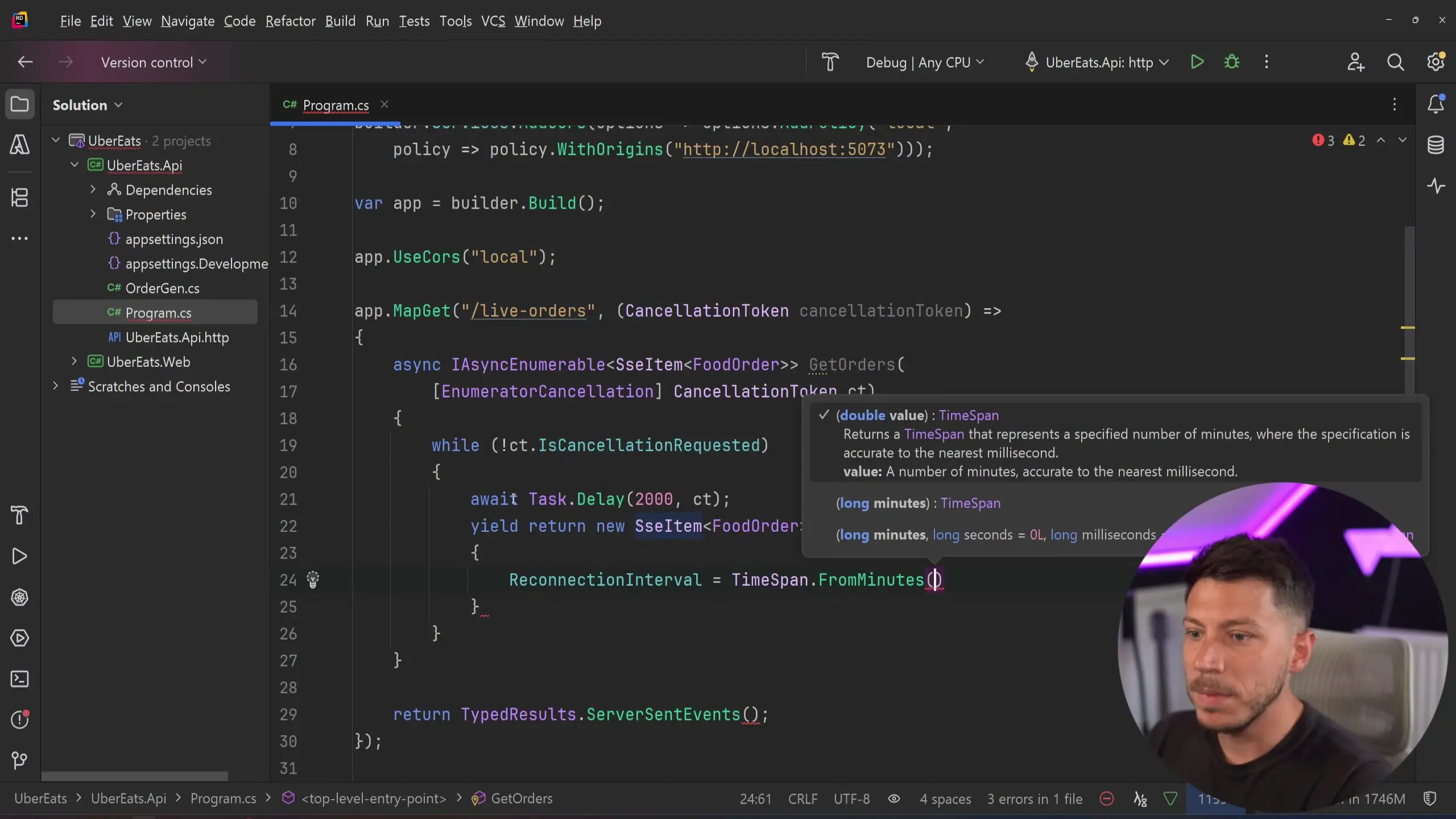 Implementation of Server-Sent Events in .NET 10 showing the code structure for streaming live order data with proper cancellation token handling