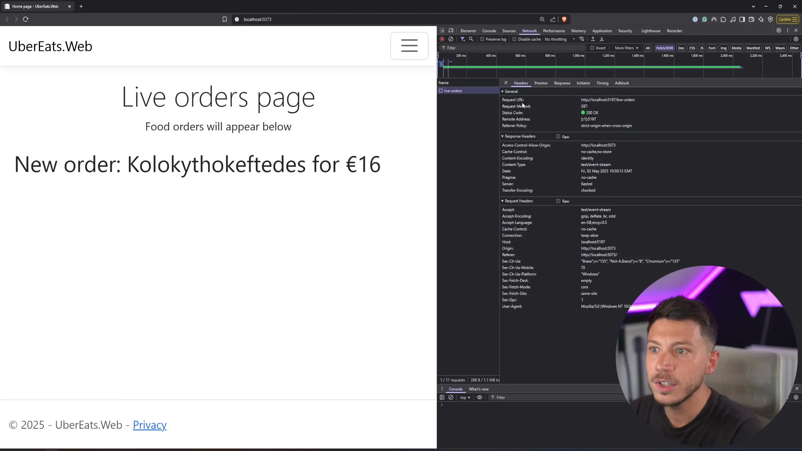 Browser developer tools showing live order updates streaming in real-time with network traffic details and event data structure