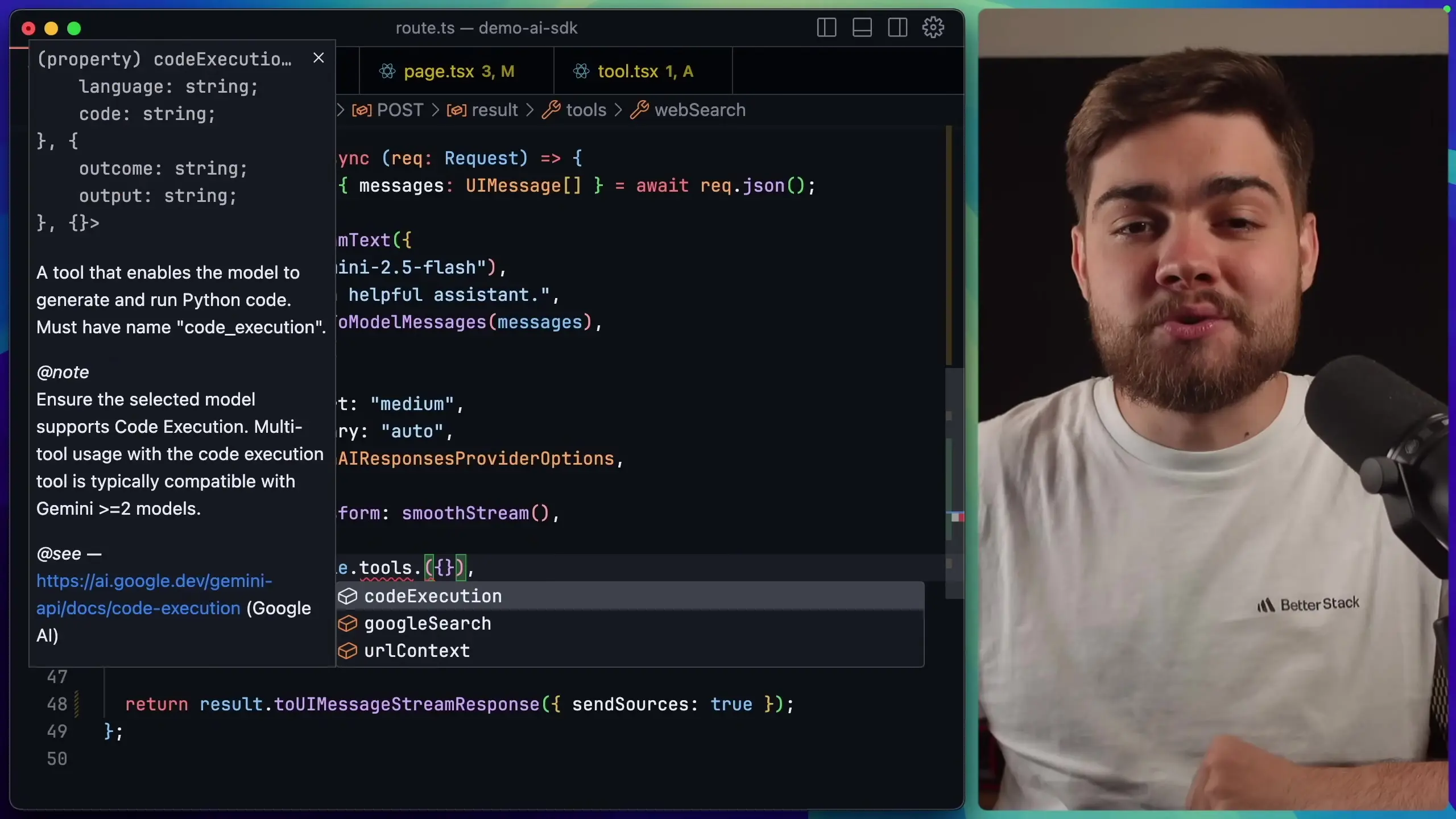 The AI SDK supports multiple tools including code execution capabilities