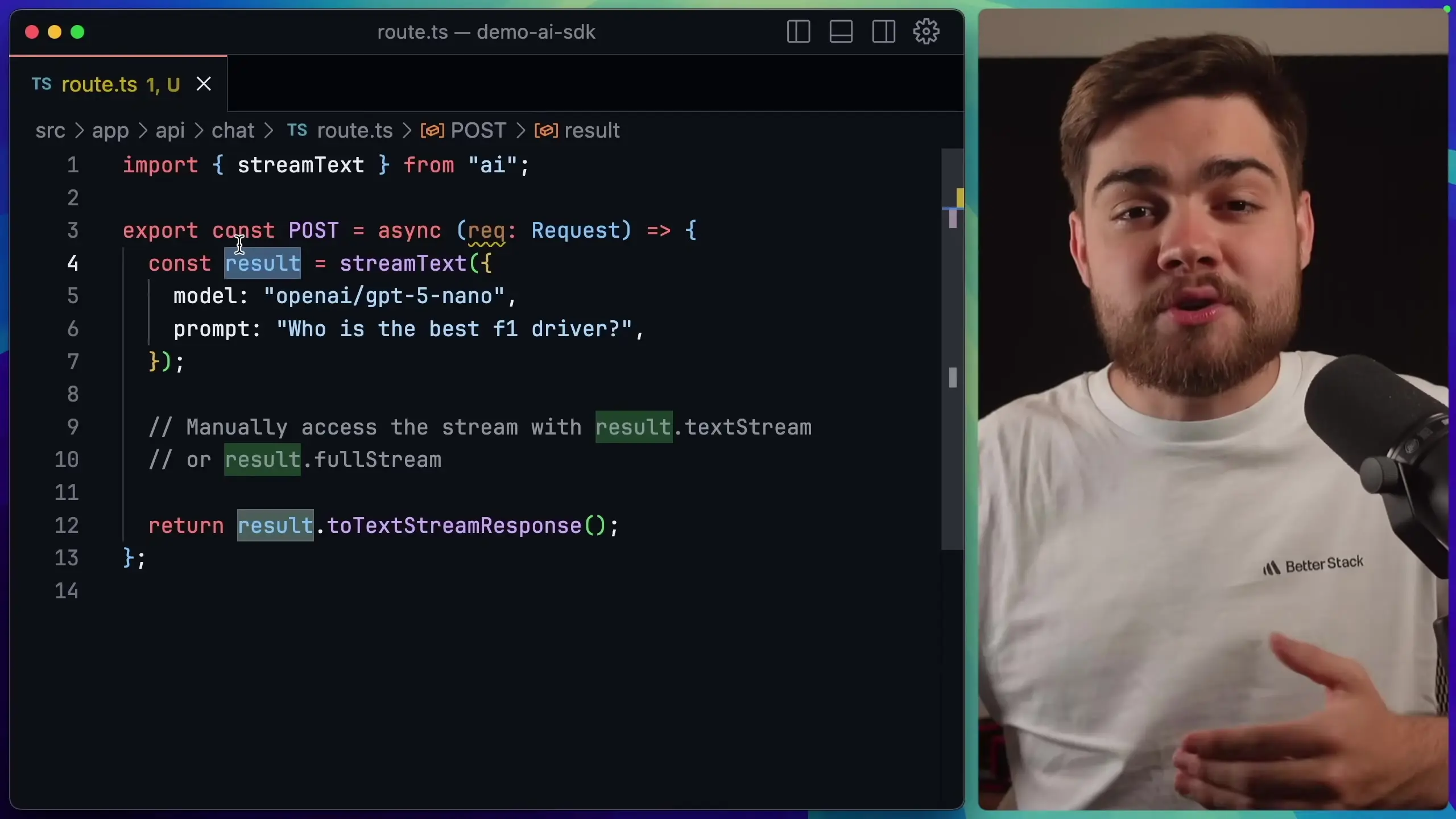 Accessing text streams through the AI SDK's result object with textStream property