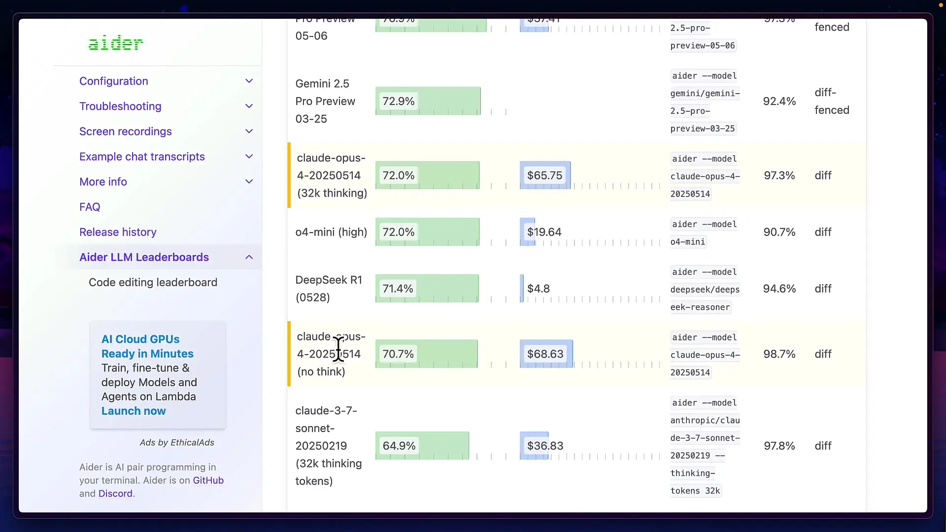 Benchmark results showing Claude Opus performance with thinking capabilities versus standard mode