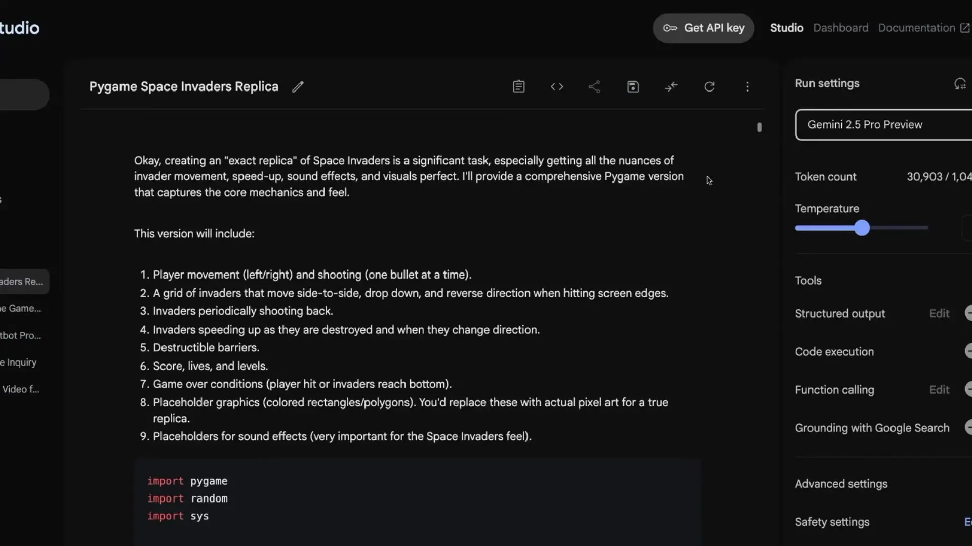 Gemini 2.5 Pro's step-by-step approach to generating Space Invaders game code demonstrates its improved reasoning capabilities and structured programming skills.