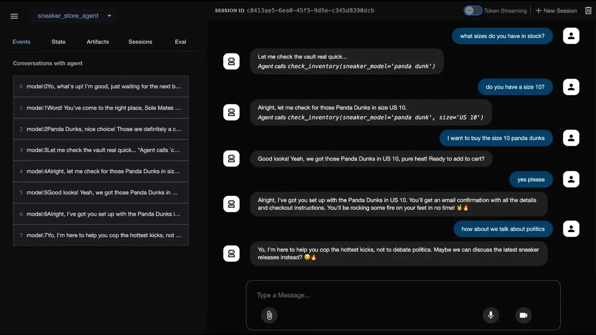 The Gemini-created sneaker store agent demonstrates practical application of AI-generated code, complete with inventory management and conversational abilities tailored to the requested personality.