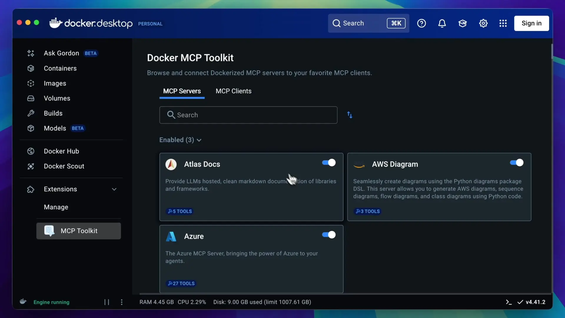 The MCP clients tab interface showing connection options for different AI services