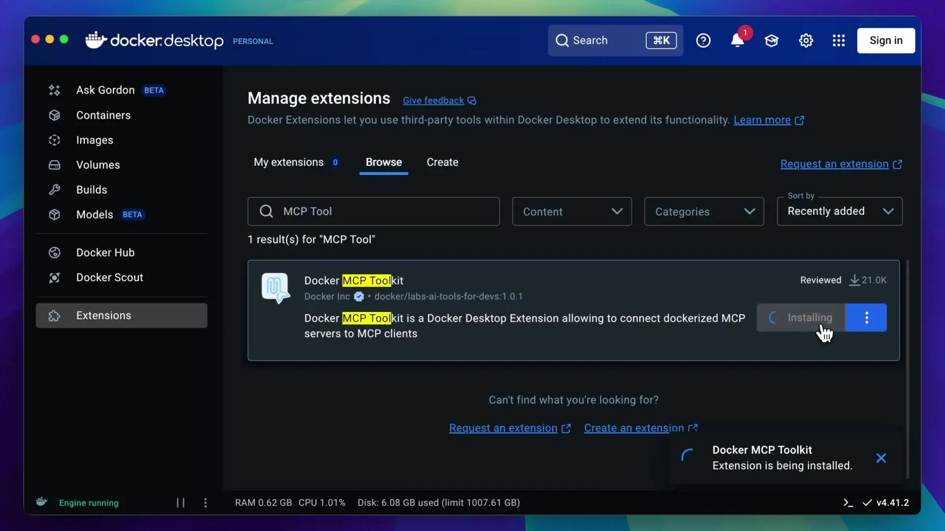 Docker MCP Toolkit interface showing the extension activation in Docker Desktop