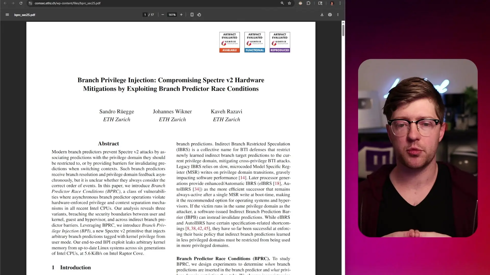 Research document showing details of Branch Privilege Injection (BPI), which exploits branch predictor race conditions to bypass hardware mitigations implemented after Spectre v2