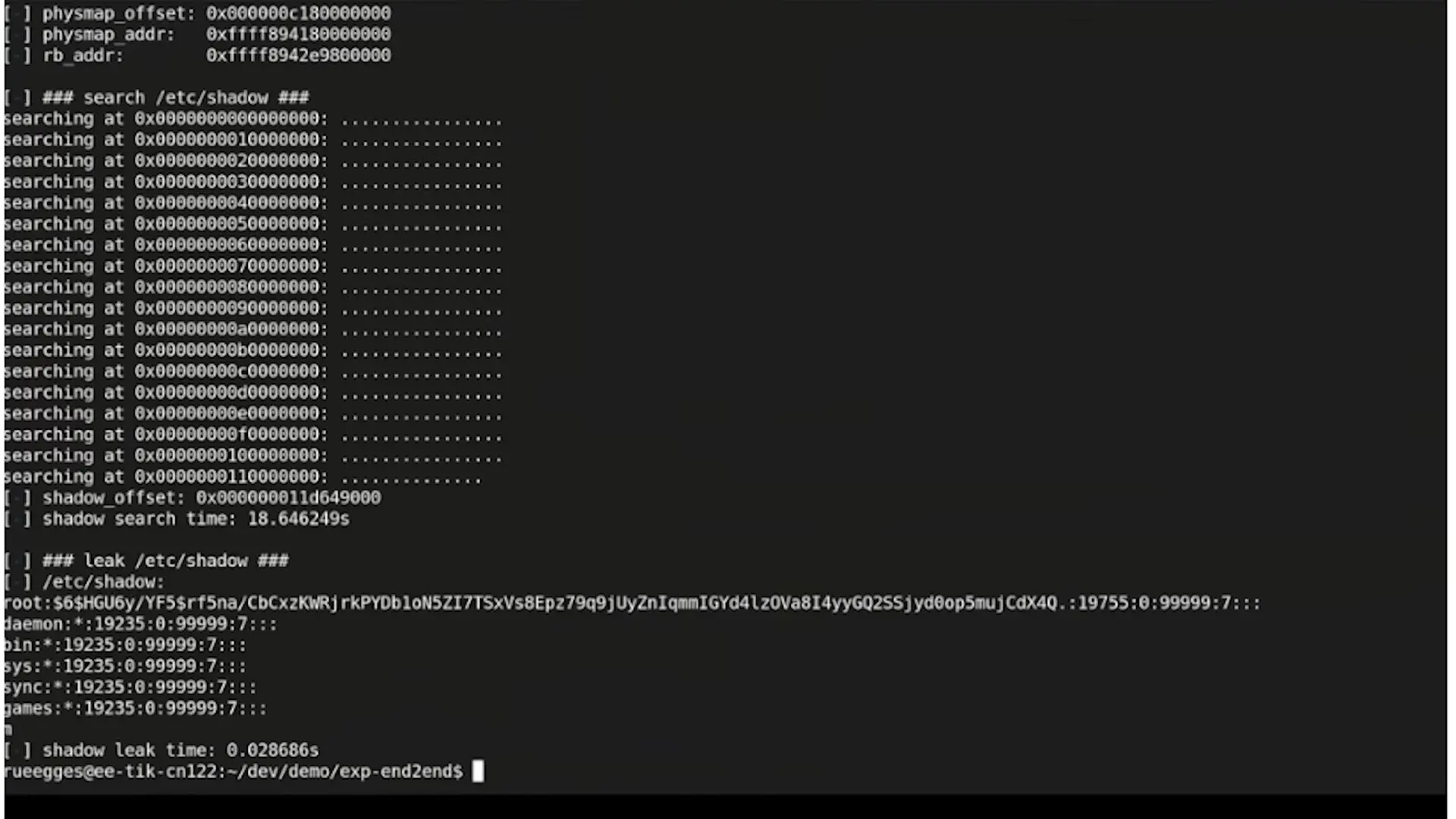 Terminal output demonstrating a successful BPI exploit that leaks sensitive password data from /etc/shadow file stored in kernel memory