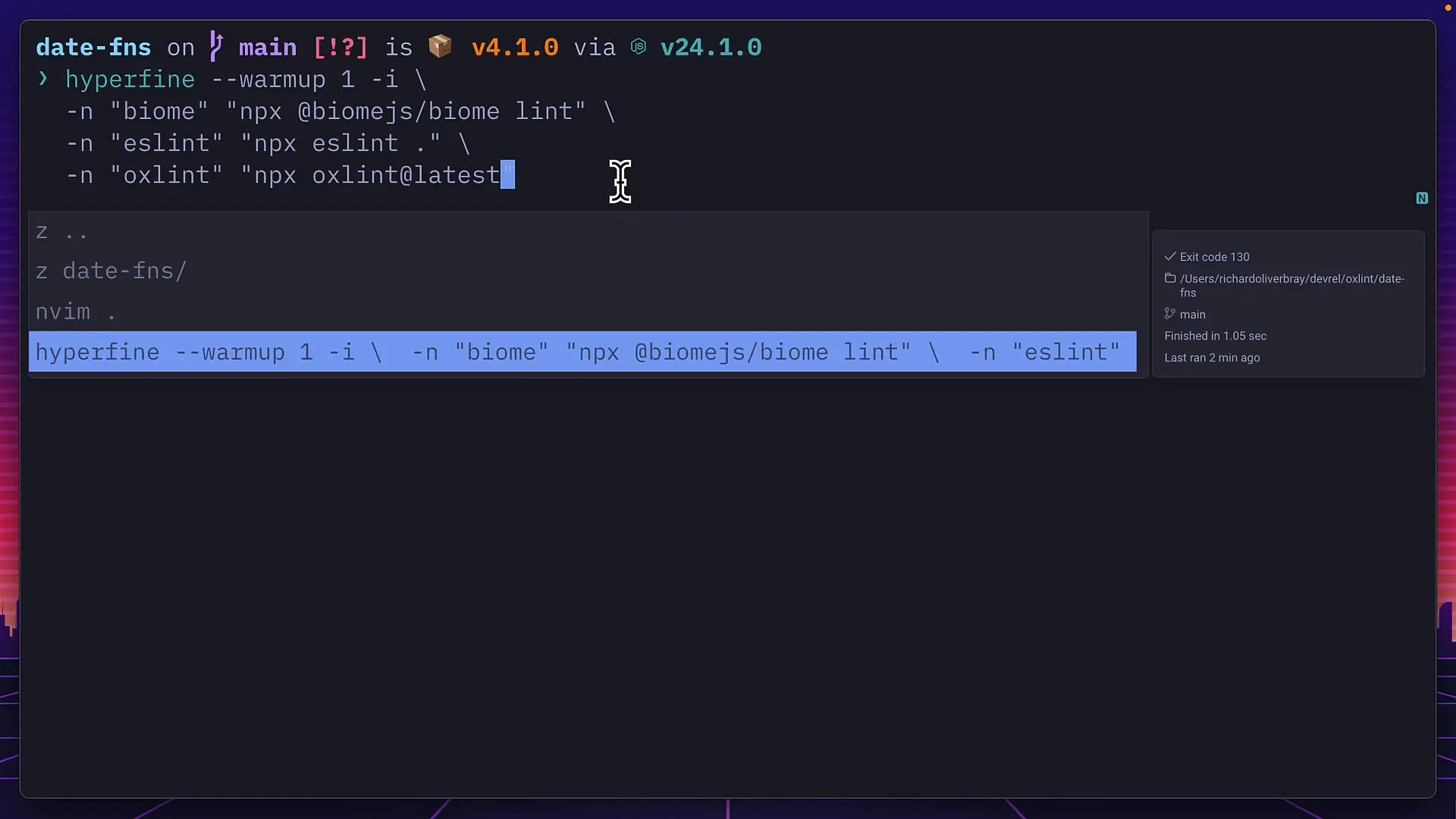 Performance comparison when linting a large codebase with over 100,000 lines using Oxlint, ESLint, and other linters