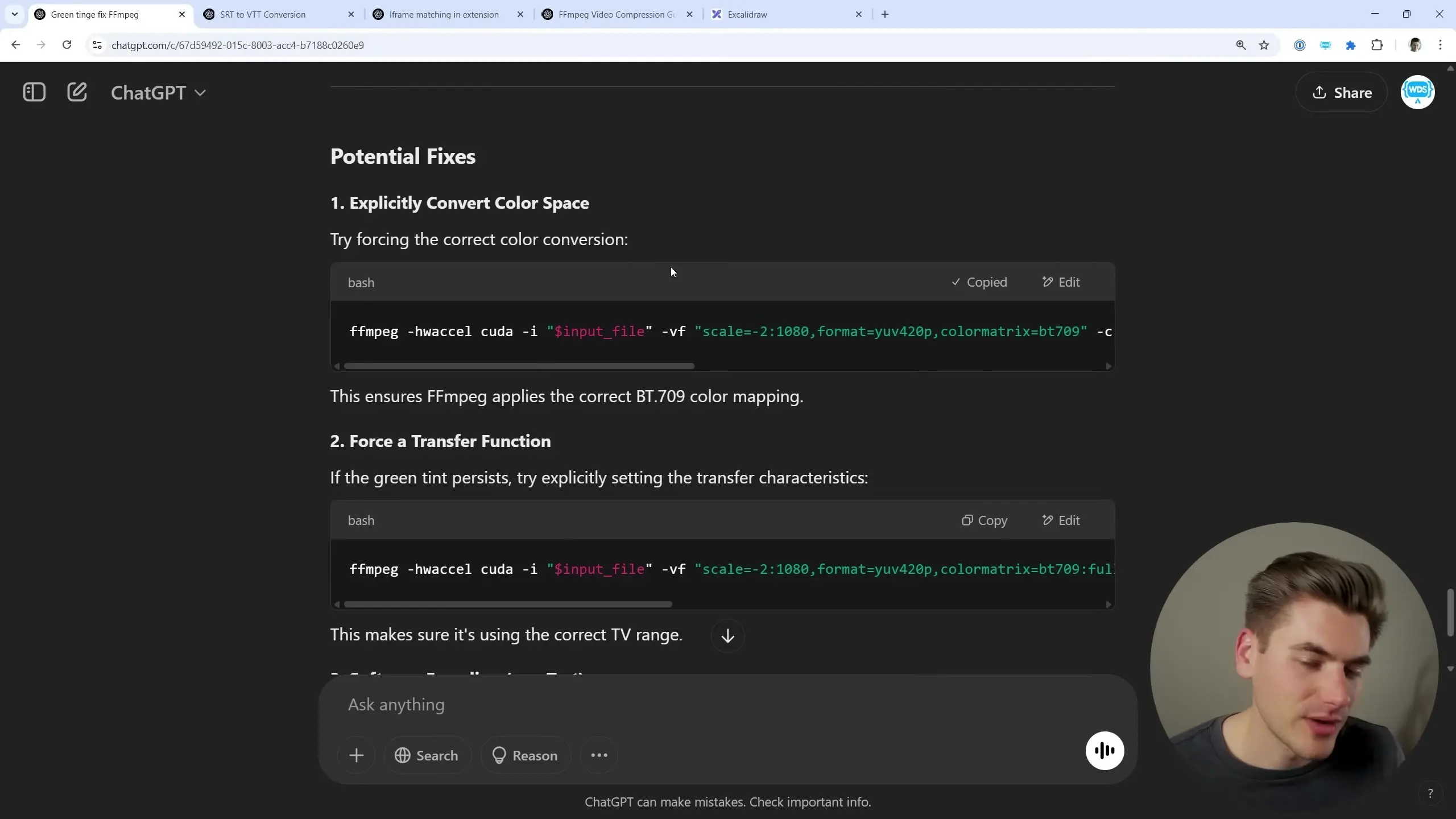 Example of AI providing specific FFmpeg commands for video processing with CUDA hardware acceleration