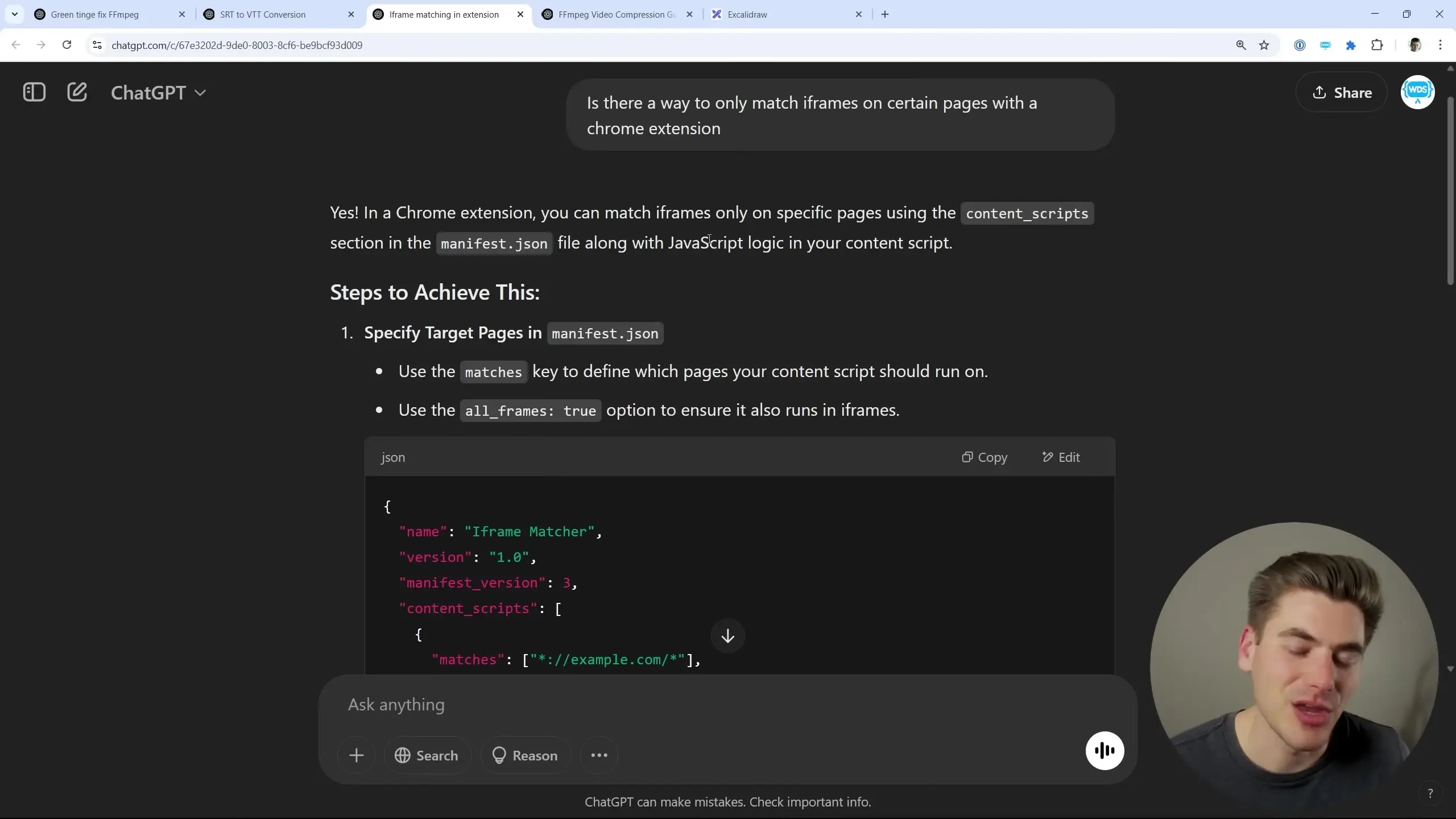 Example of a Chrome extension manifest.json configuration for domain-specific iframe script execution