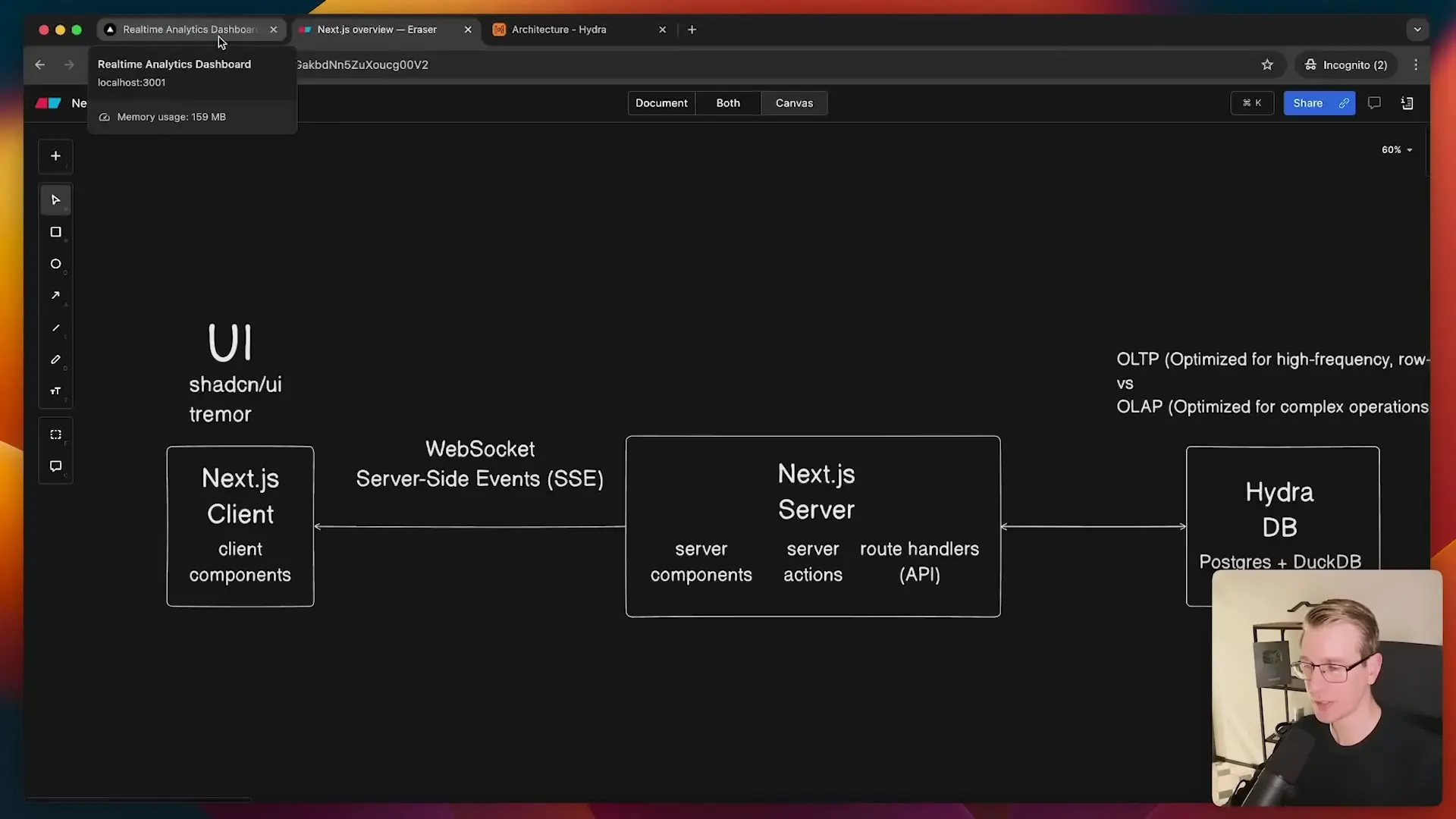 Architecture diagram for Next.js real-time dashboards showing the relationship between UI components (ShadCN/Tremor), communication protocols (WebSocket/SSE), and database technologies optimized for analytics