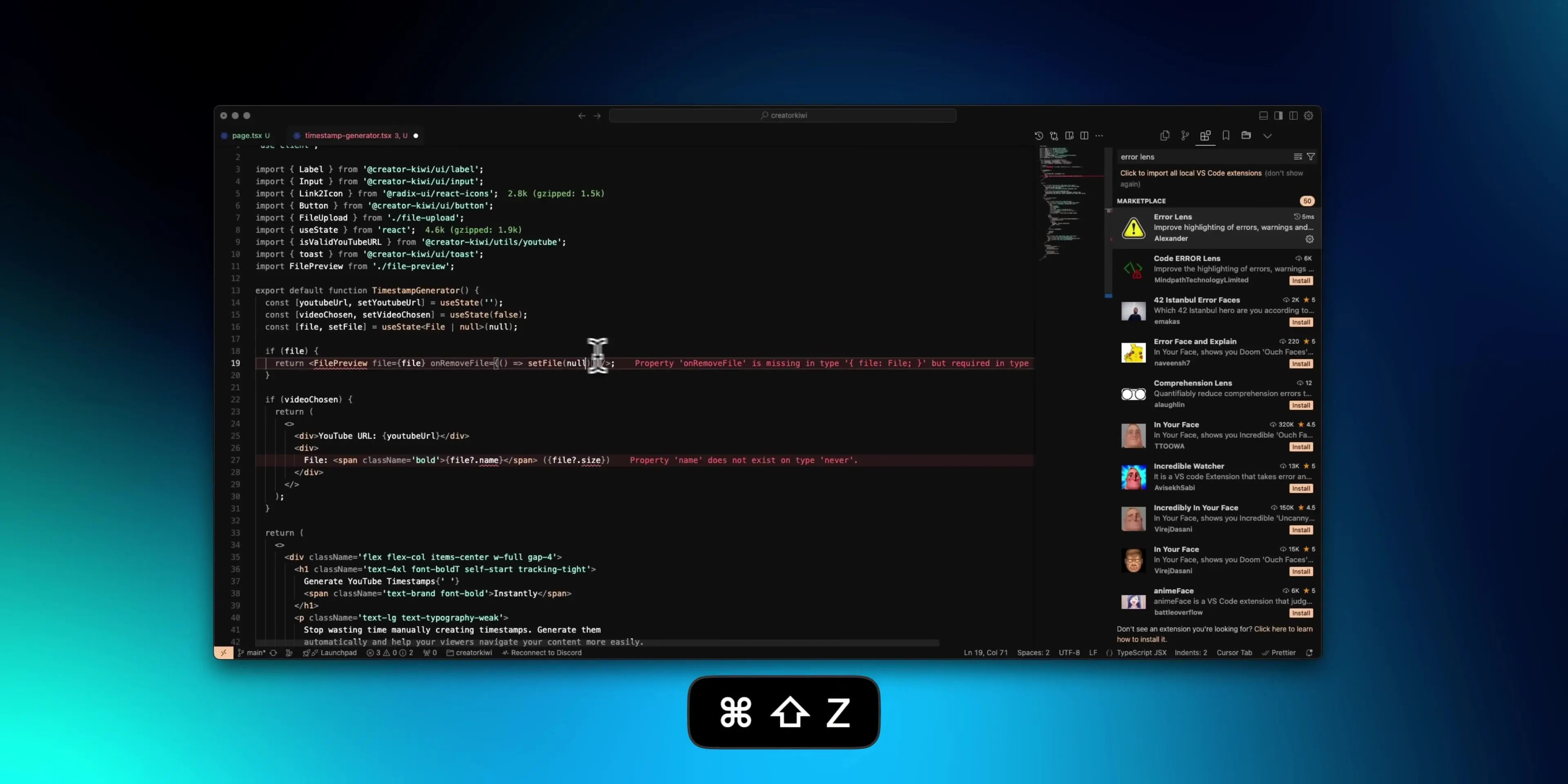 VS Code with visual enhancement extensions showing improved error displays and code highlighting