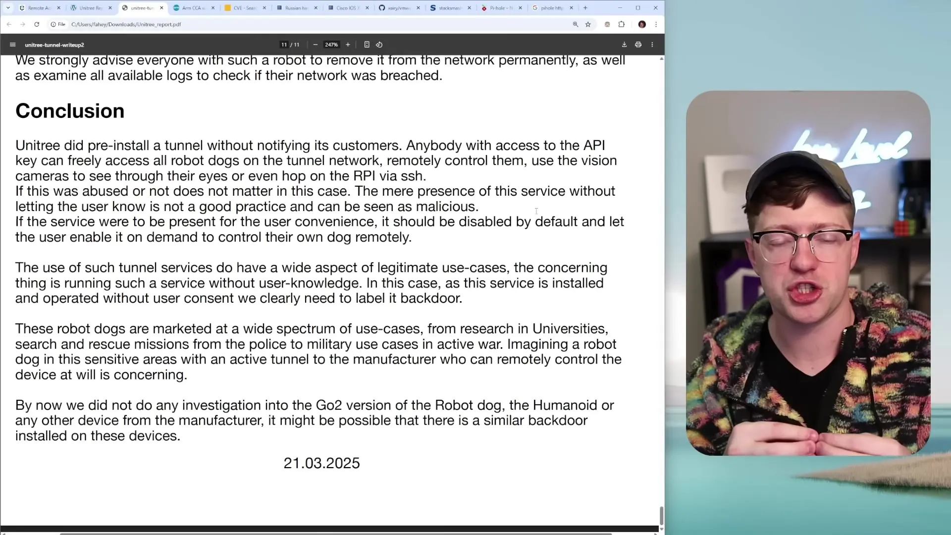 Security report showing how pre-installed tunnels in robot dogs allow unauthorized remote access and control without user knowledge or consent