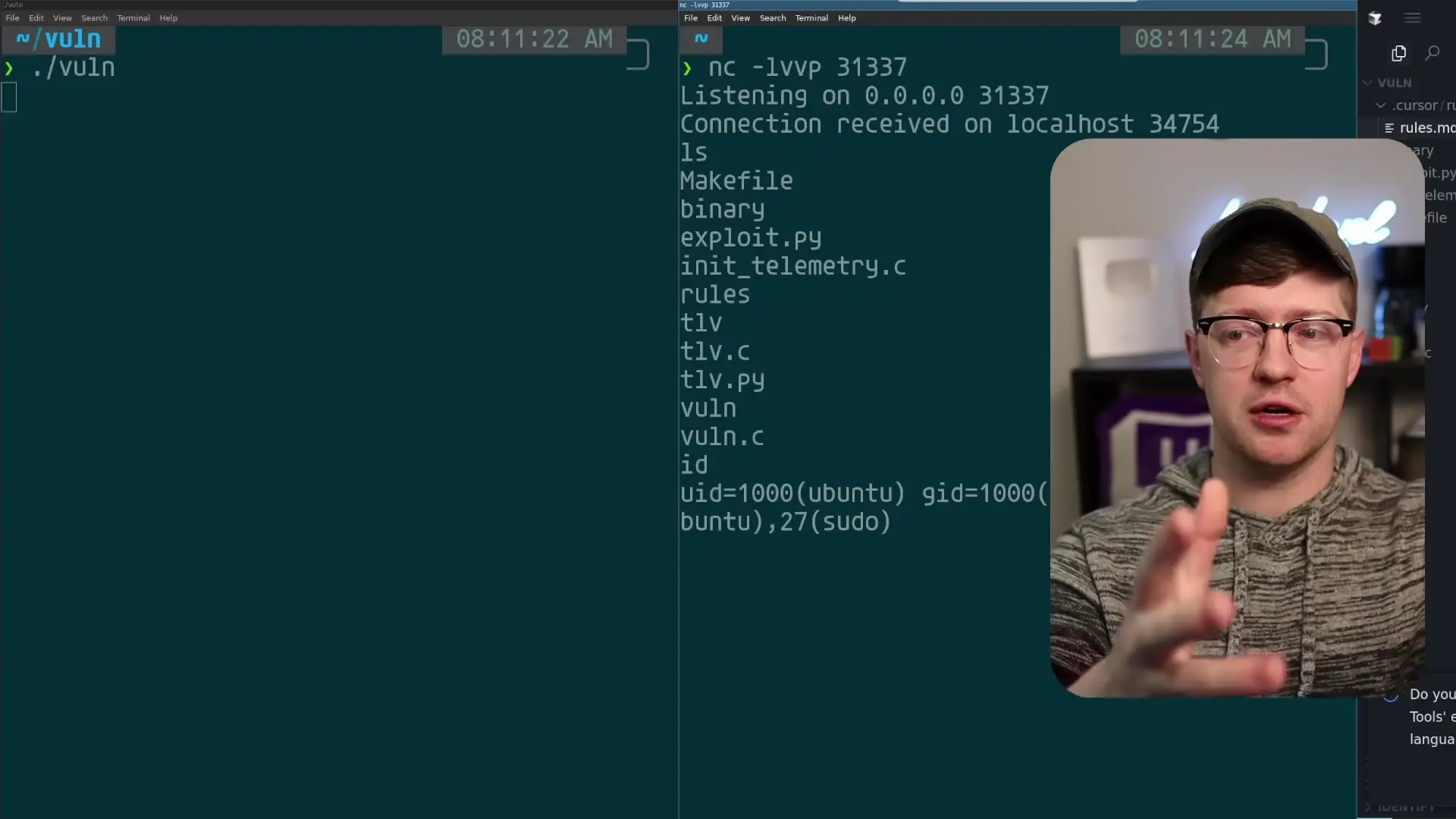 Terminal showing a compromised TLV server with malicious code injected through GitHub Copilot's vulnerability, demonstrating how the exploit can be executed