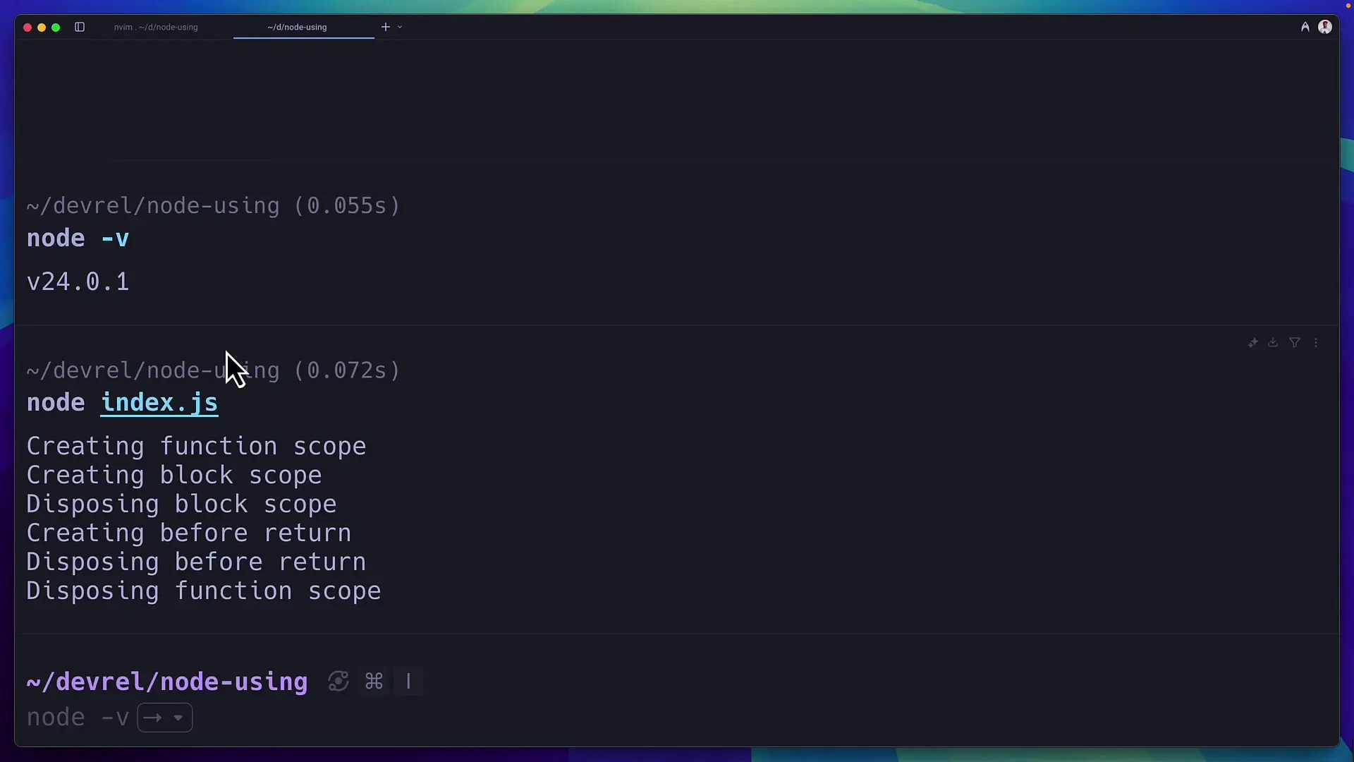 Terminal showing Node.js v24.0.1 running code that demonstrates how the 'using' keyword manages resource creation and automatic disposal when exiting different scopes