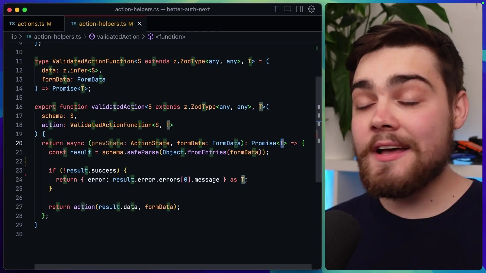 Implementation of the validatedAction middleware function that handles input validation using Zod and returns properly typed responses with comprehensive error handling